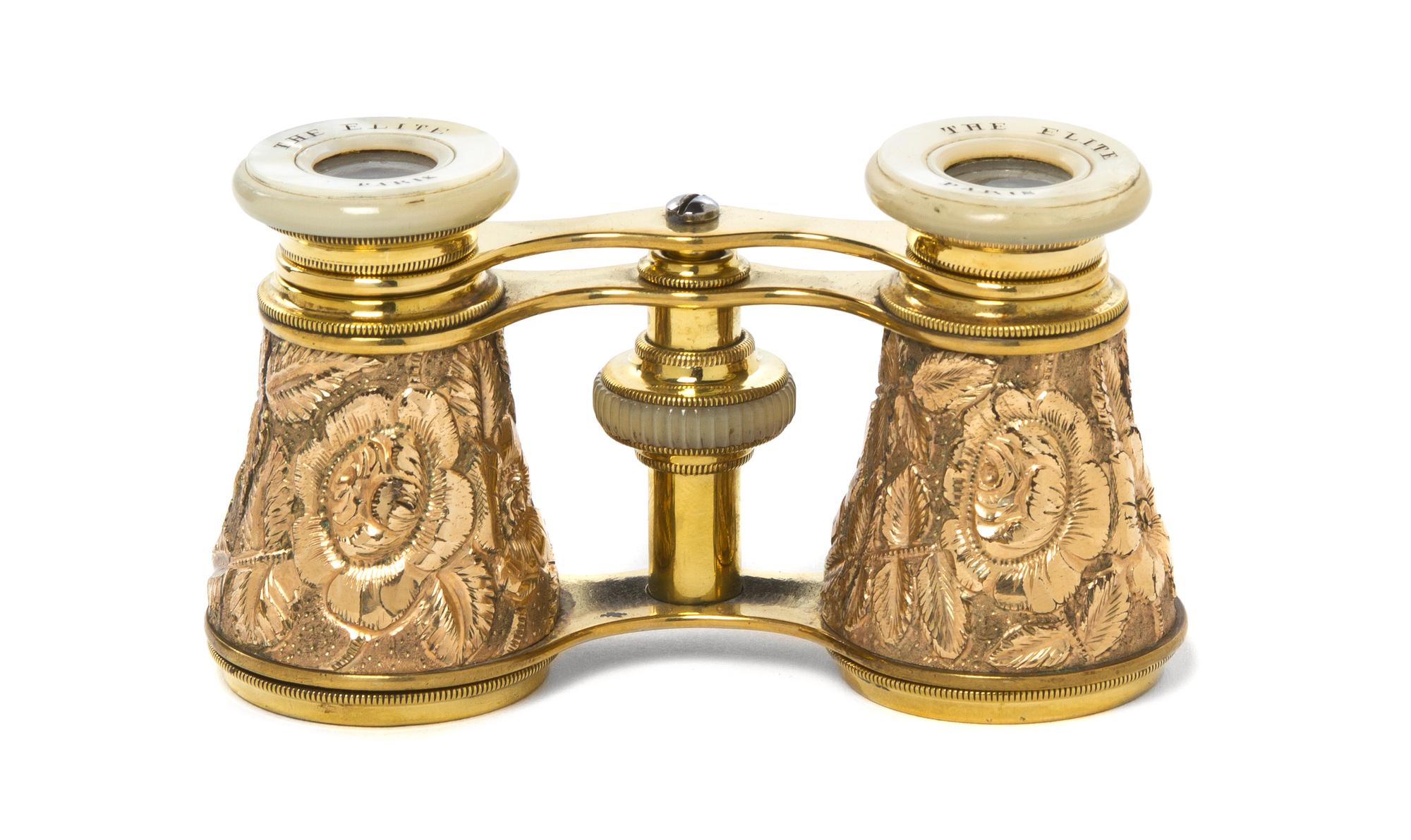 A Pair of French Gold Filled Opera Glasses, The Elite, Width 3 7/8 inches.