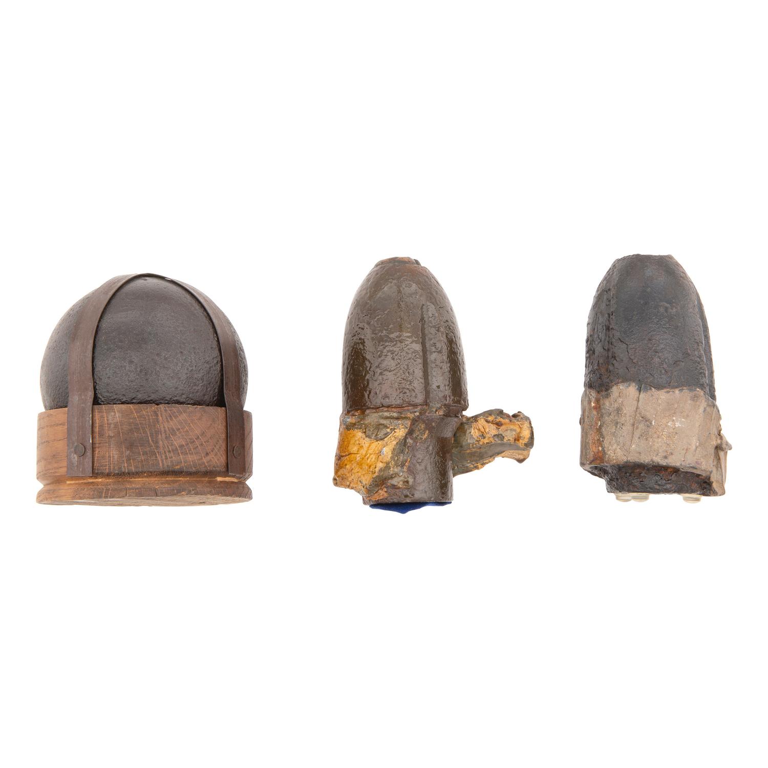 Three Civil War Artillery Projectiles: 12 Pound Solid Shot and Two Hotchkiss Shells