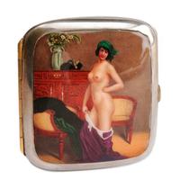A German Enameled Silver Cigarette Case, Late 19th/Early 20th Century, the lid decorated with a female figure posing in a state of undr