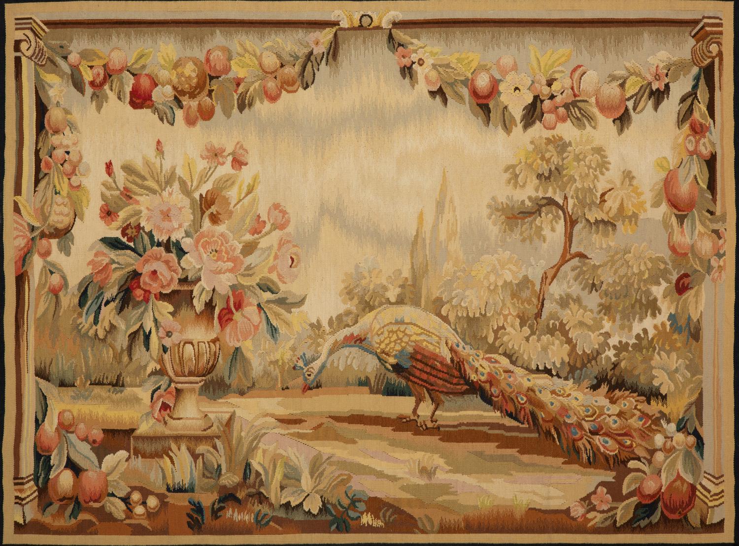 A Framed Needlework Panel Depicting a Peacock in Landscape