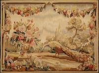 A Framed Needlework Panel Depicting a Peacock in Landscape
