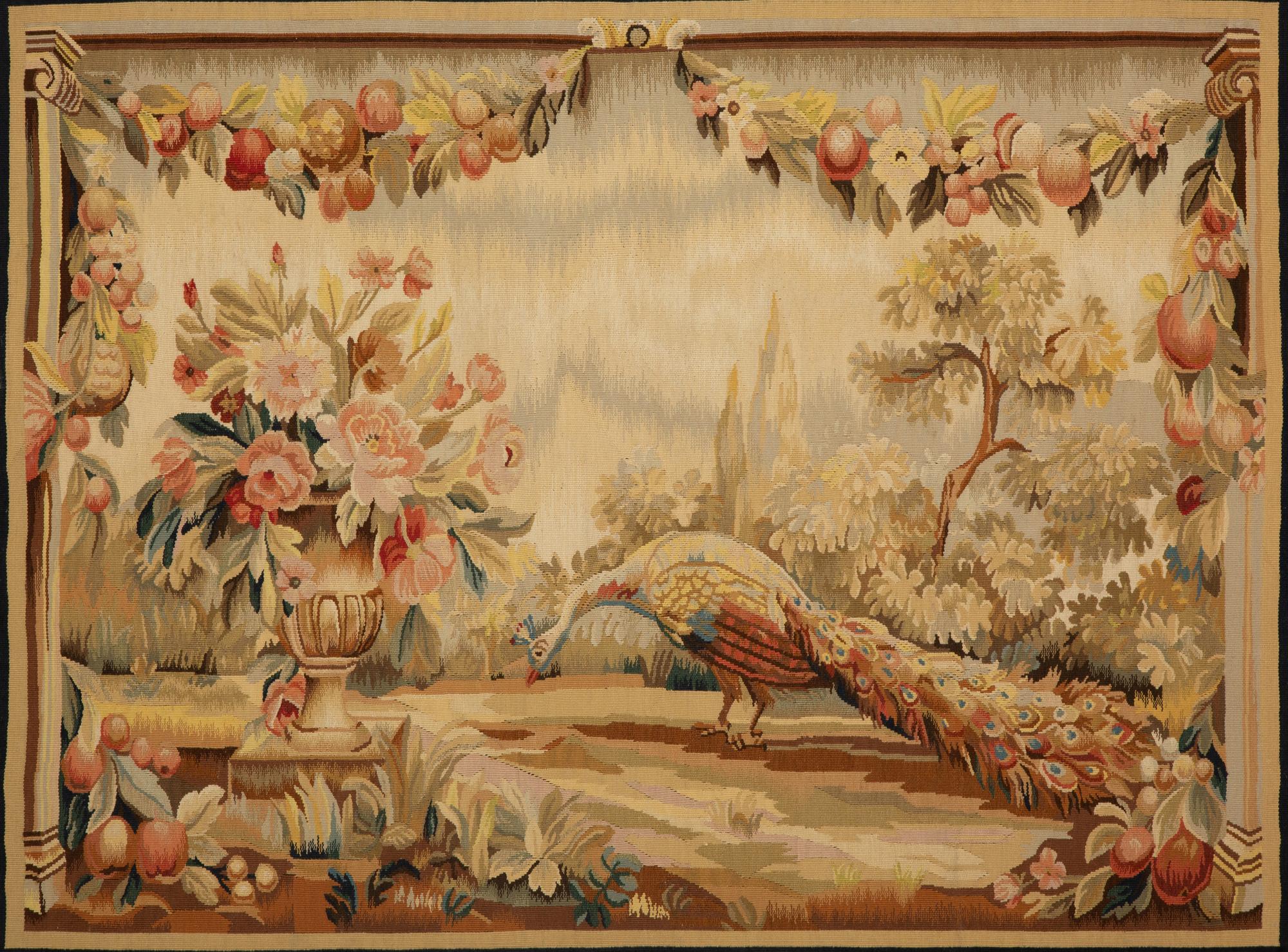 A Framed Needlework Panel Depicting a Peacock in Landscape