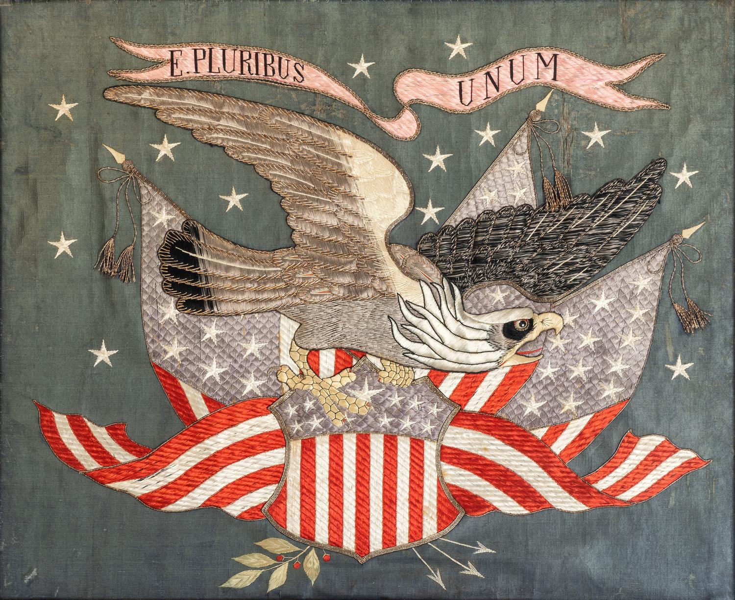 A Chinese Export Stumpwork Embroidered Patriotic Picture