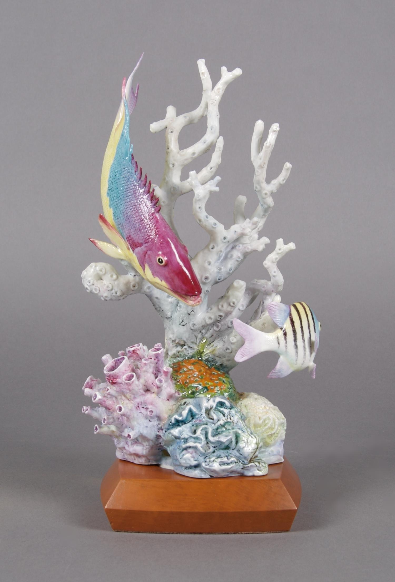 A Royal Worcester Figural Group, Sargent Major and Spanish Hog Fishes, Height 11 inches.