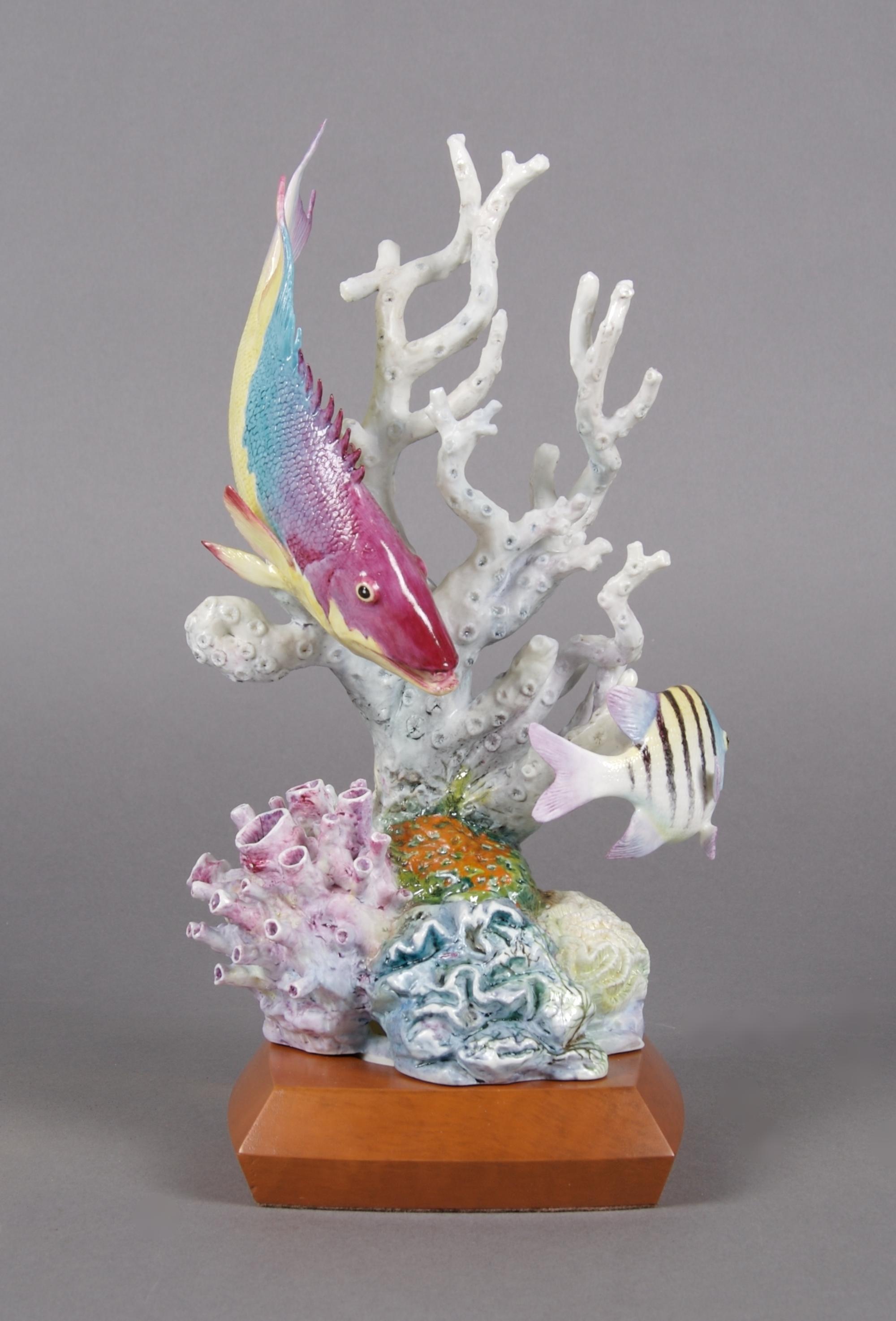 A Royal Worcester Figural Group, Sargent Major and Spanish Hog Fishes, Height 11 inches.