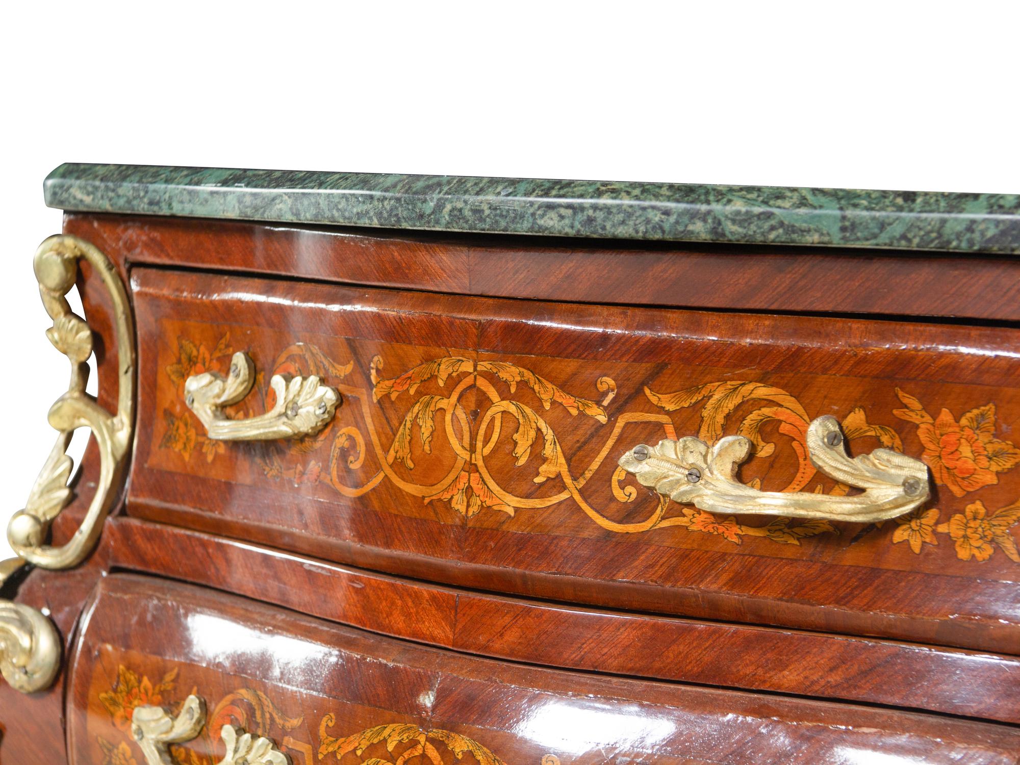 A Near Pair of Régence Style Gilt Metal Mounted Inlaid Kingwood Marble-Top Bombe Commodes