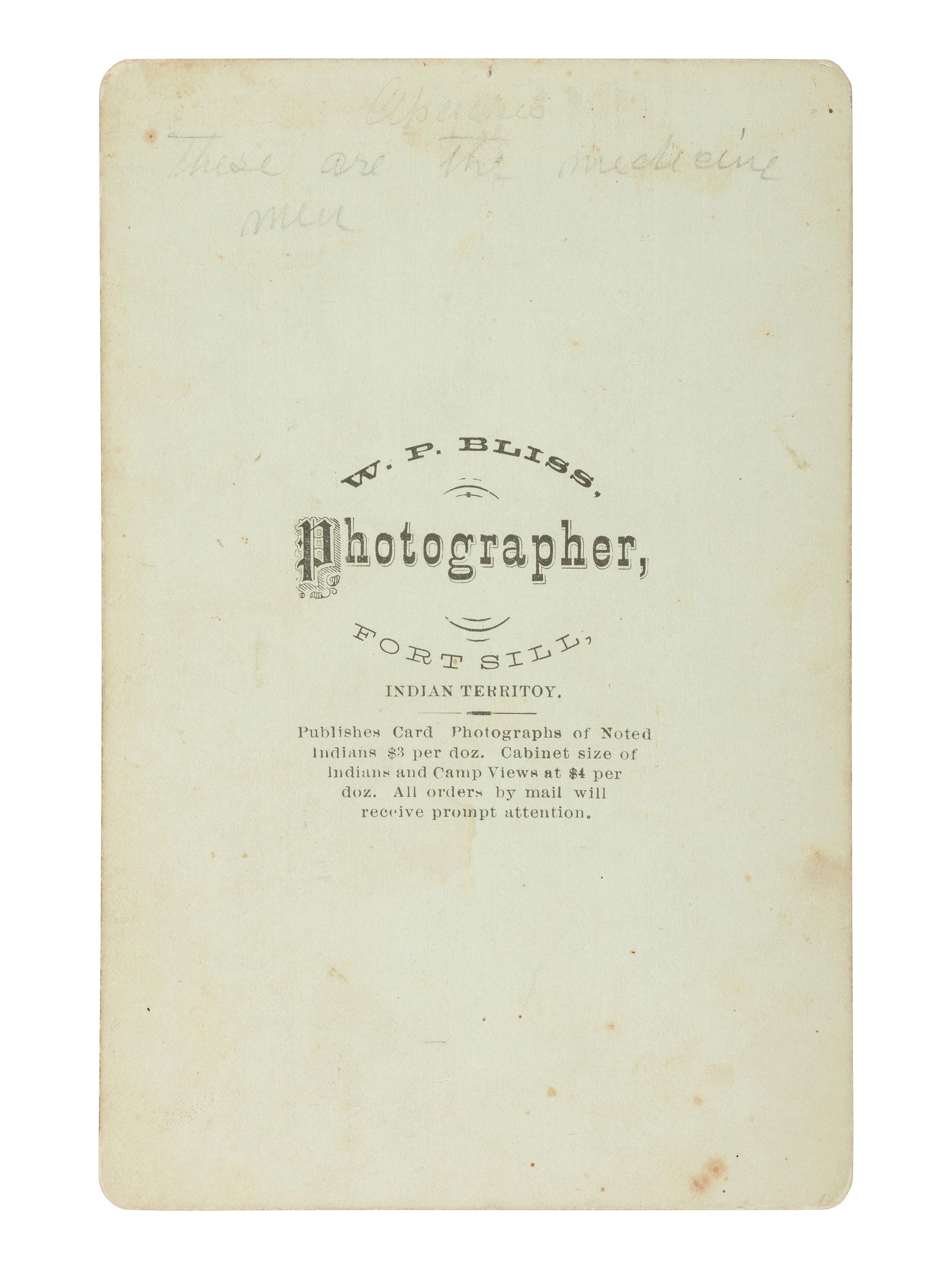 BLISS, William P. (b. ca 1840), photographer. Cabinet card of Apache Medicine Council. Fort Sill, Indian Territory, ca 1875.