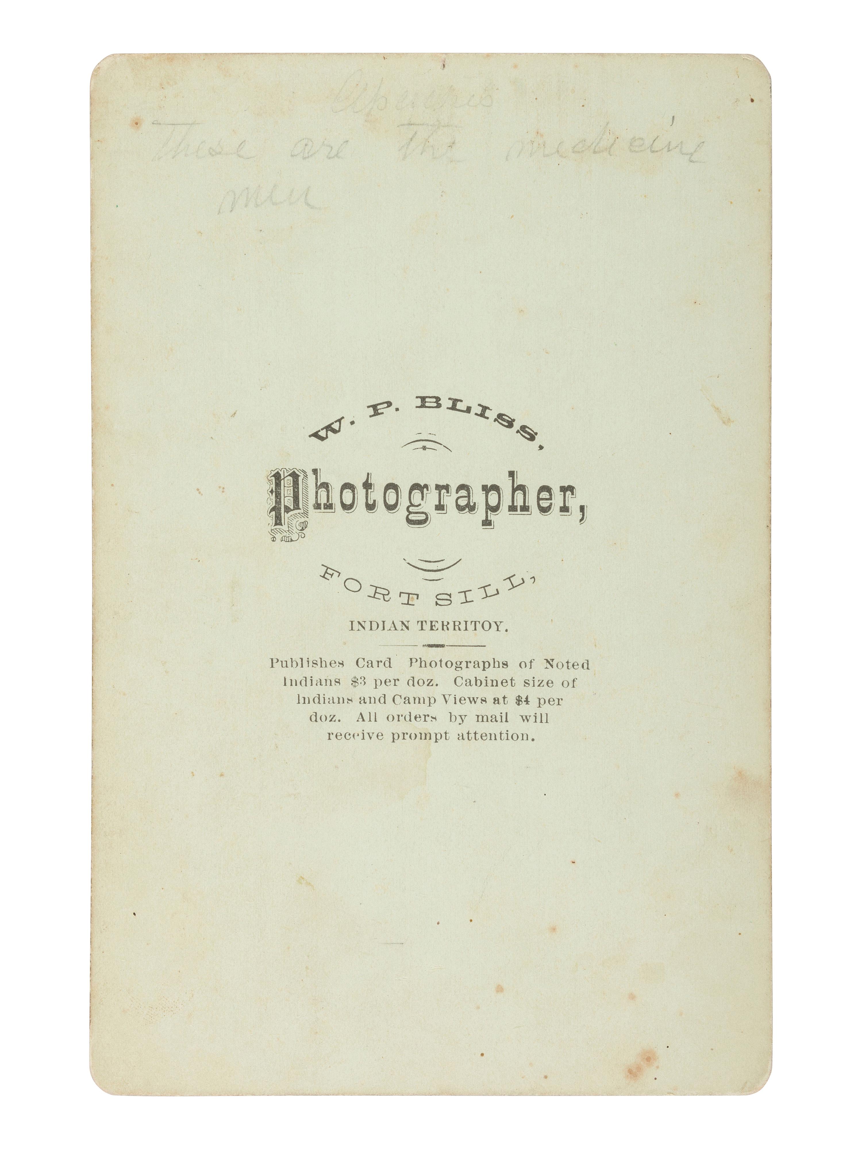 BLISS, William P. (b. ca 1840), photographer. Cabinet card of Apache Medicine Council. Fort Sill, Indian Territory, ca 1875.