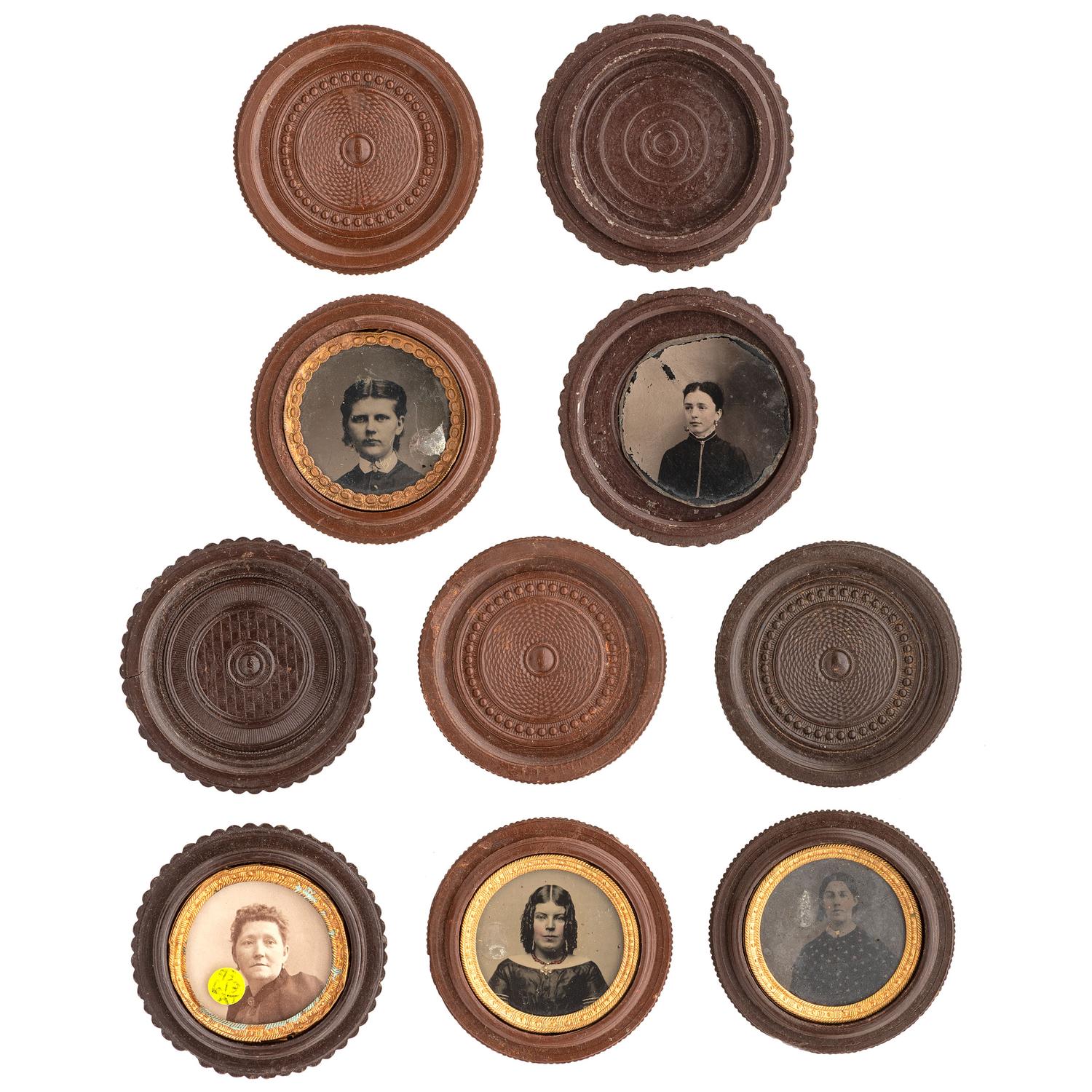 [EARLY PHOTOGRAPHY - UNION CASES]. A group of 10 brown "oreo" union cases containing images of female subjects, including: