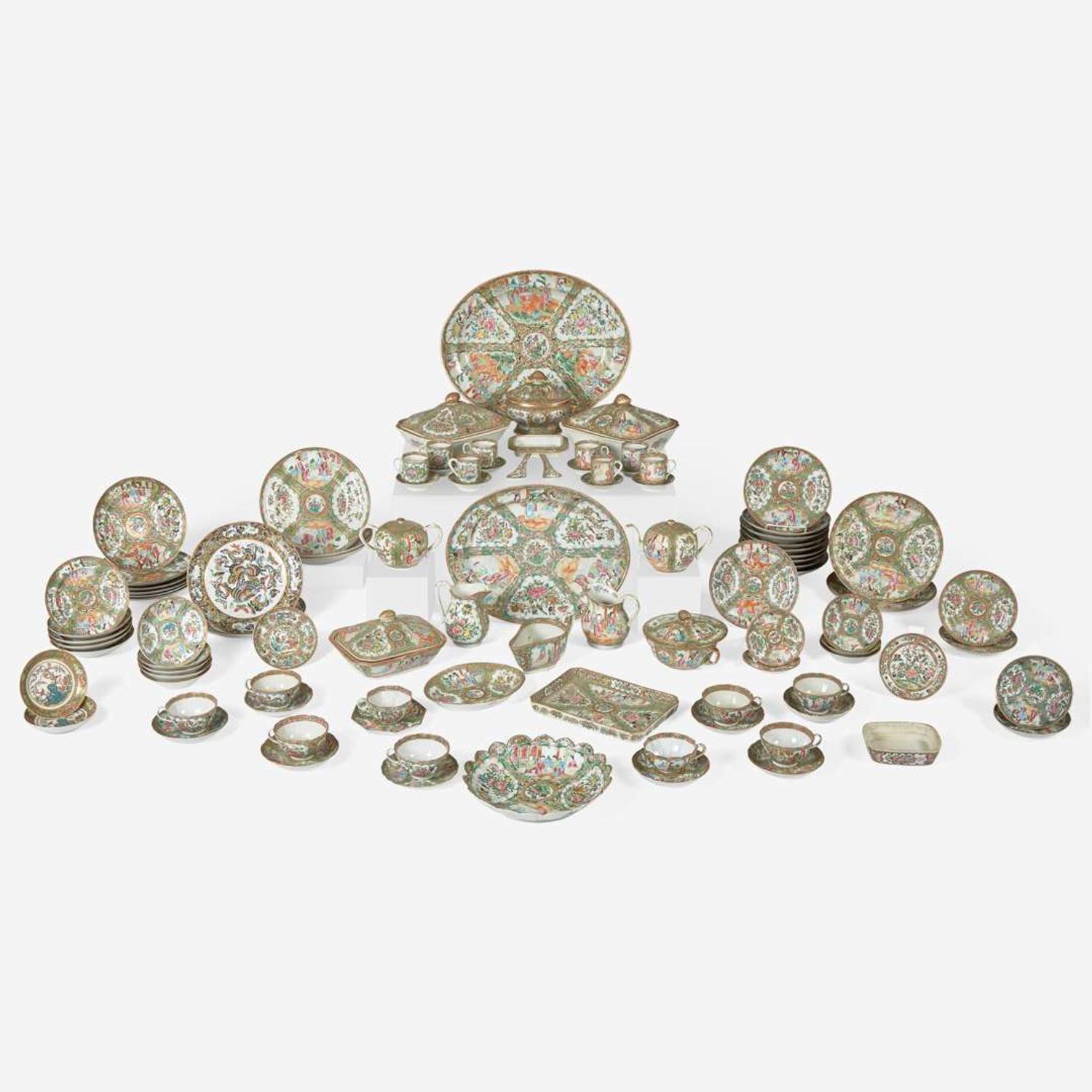 A large collection of ninety-eight Chinese Export porcelain Rose Medallion palette tablewares 19th century