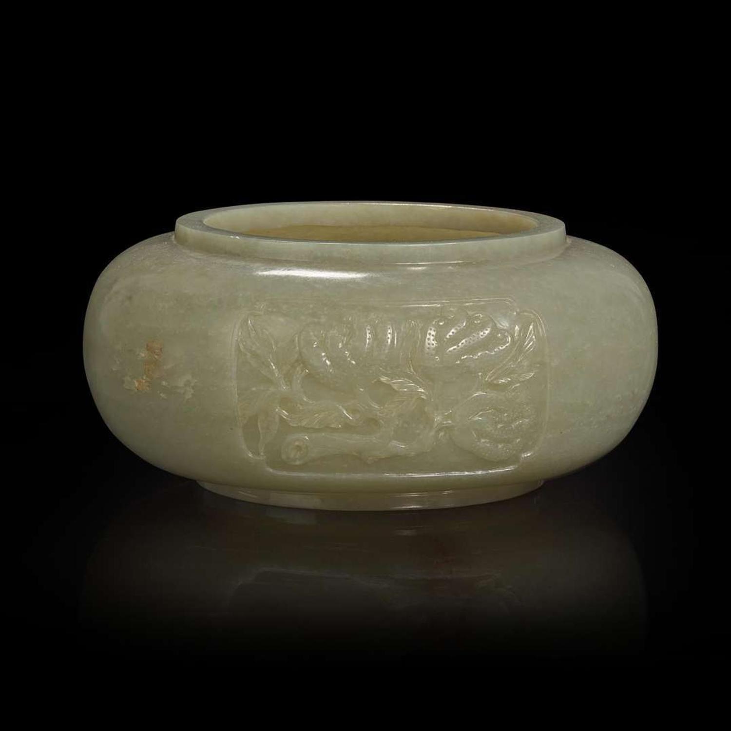 A Chinese carved celadon jade "Sanduo" alms bowl 青玉三多碗 18th to 19th century ???????