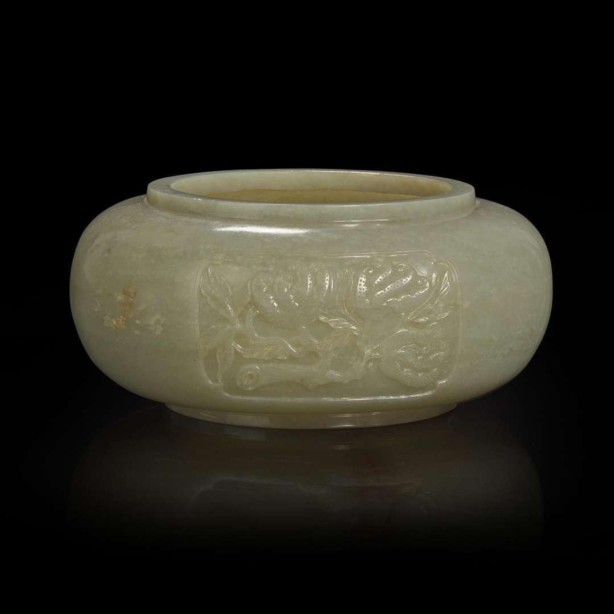 A Chinese carved celadon jade "Sanduo" alms bowl 青玉三多碗 18th to 19th century ???????