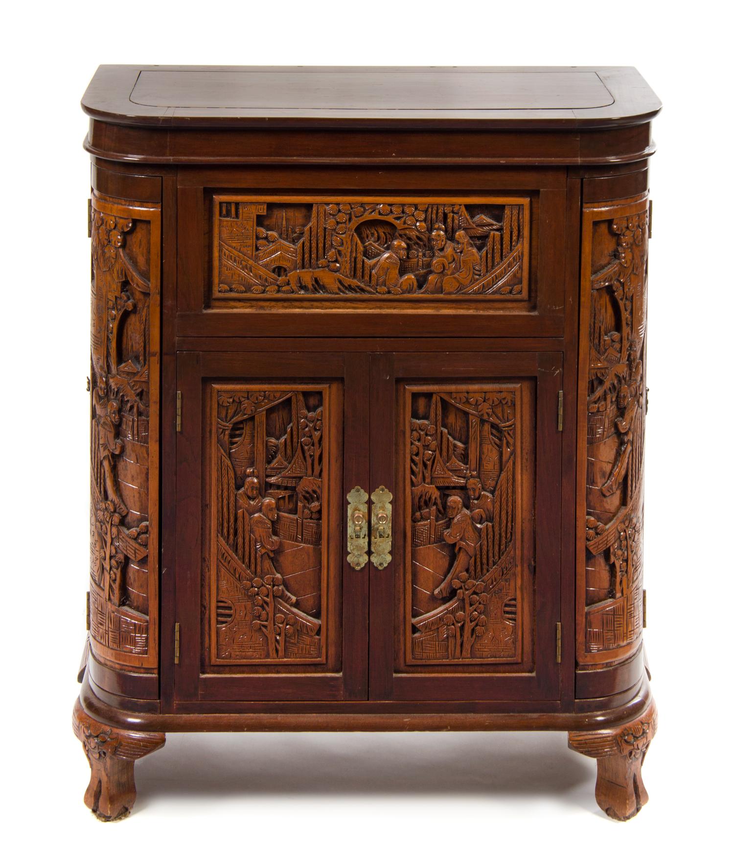 A Chinese Carved Mahogany Side Cabinet Height 36 1/2 x width 30 x depth 15 inches. — LATE 20TH CENTURY