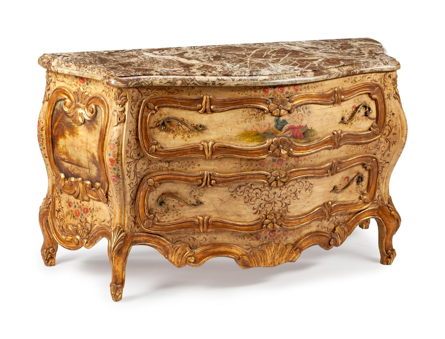 A Venetian Painted and Parcel Gilt Commode