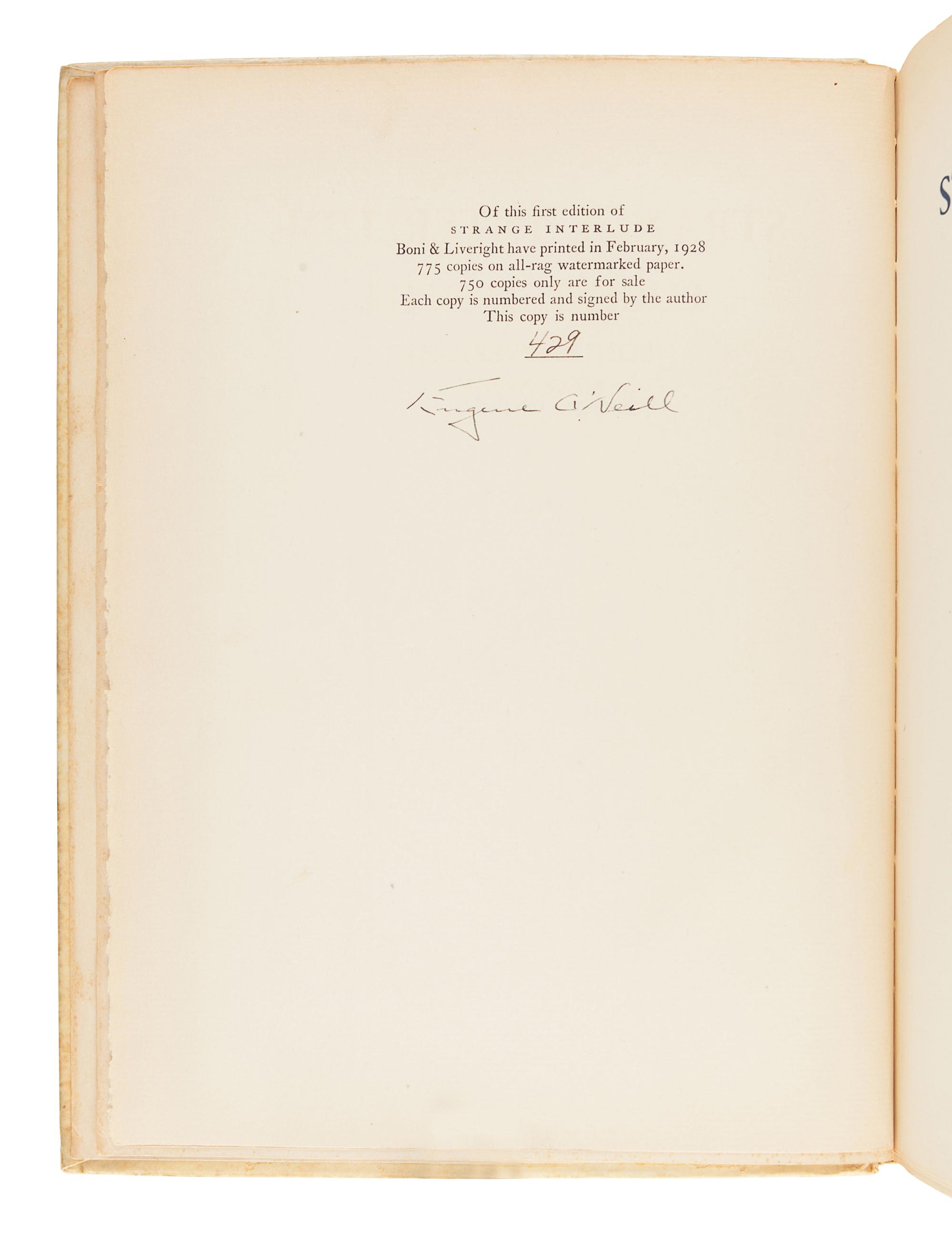 O'NEILL, Eugene (1888-1953). Strange Interlude. New York: Boni & Liveright, 1928.