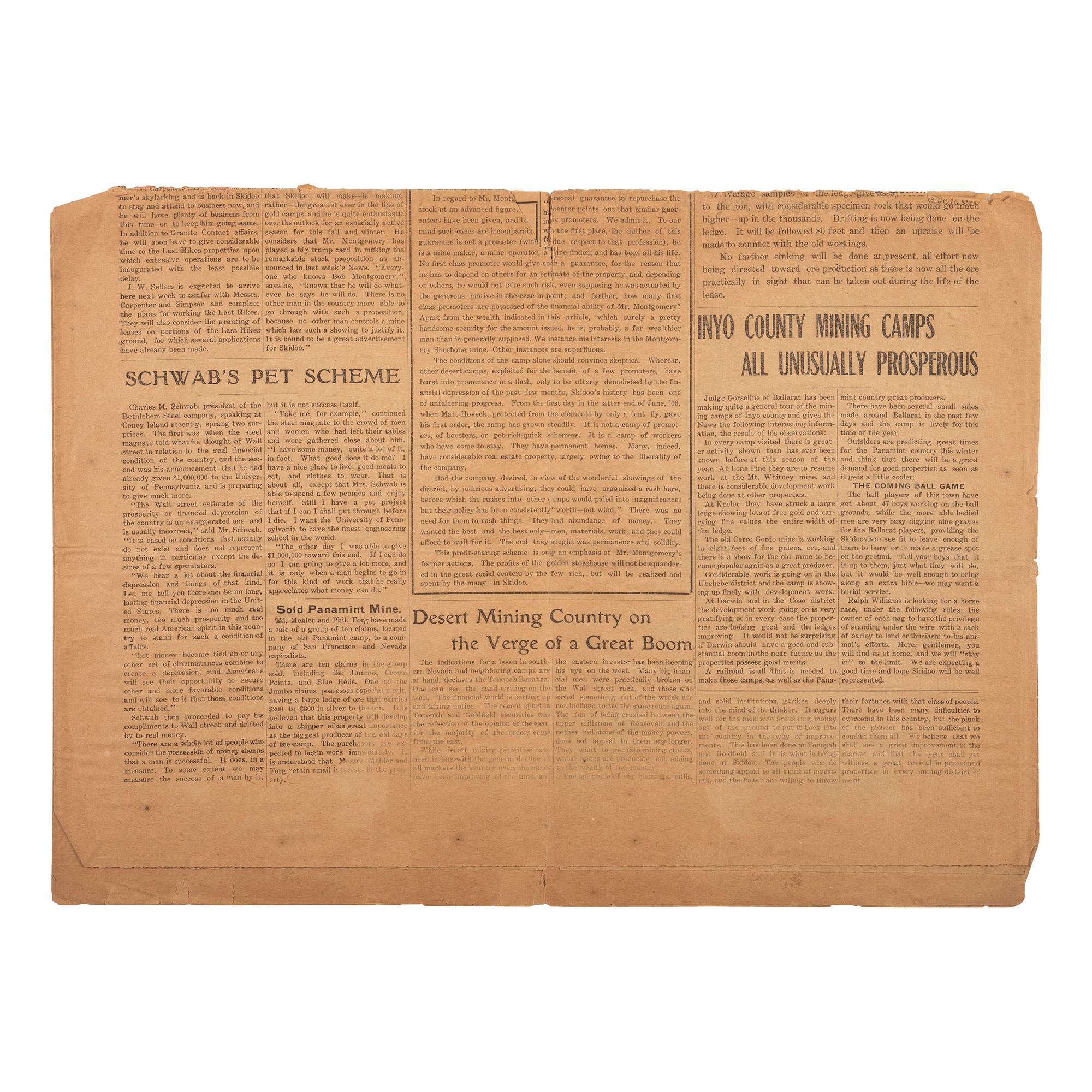 [MINING - CALIFORNIA]. The Skidoo News . Vol. I, No. 40. Skidoo, Inyo County, CA: Skidoo Pub. Co., 20 September 1907.