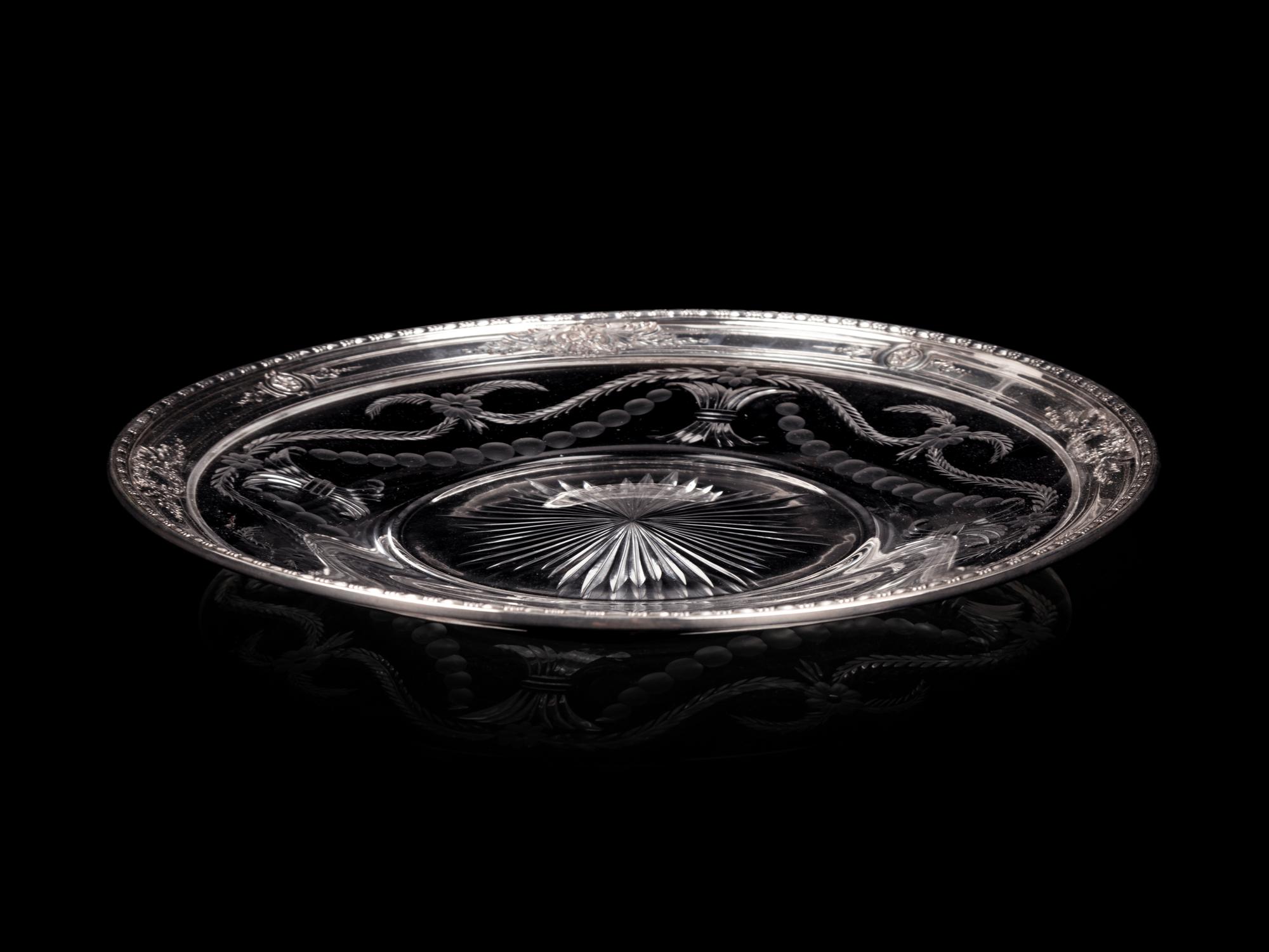 An American Silver Mounted Etched Glass Tray