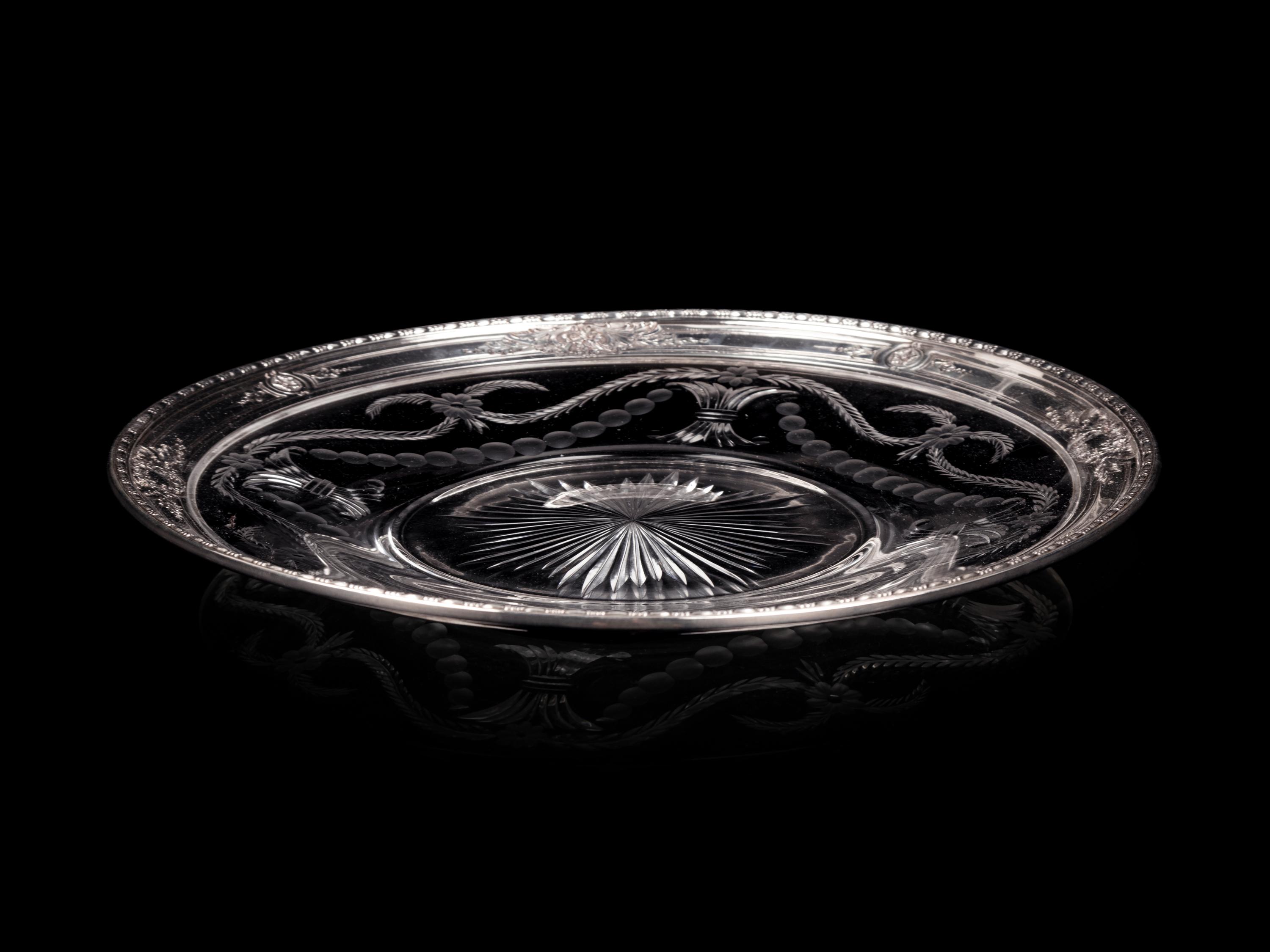 An American Silver Mounted Etched Glass Tray