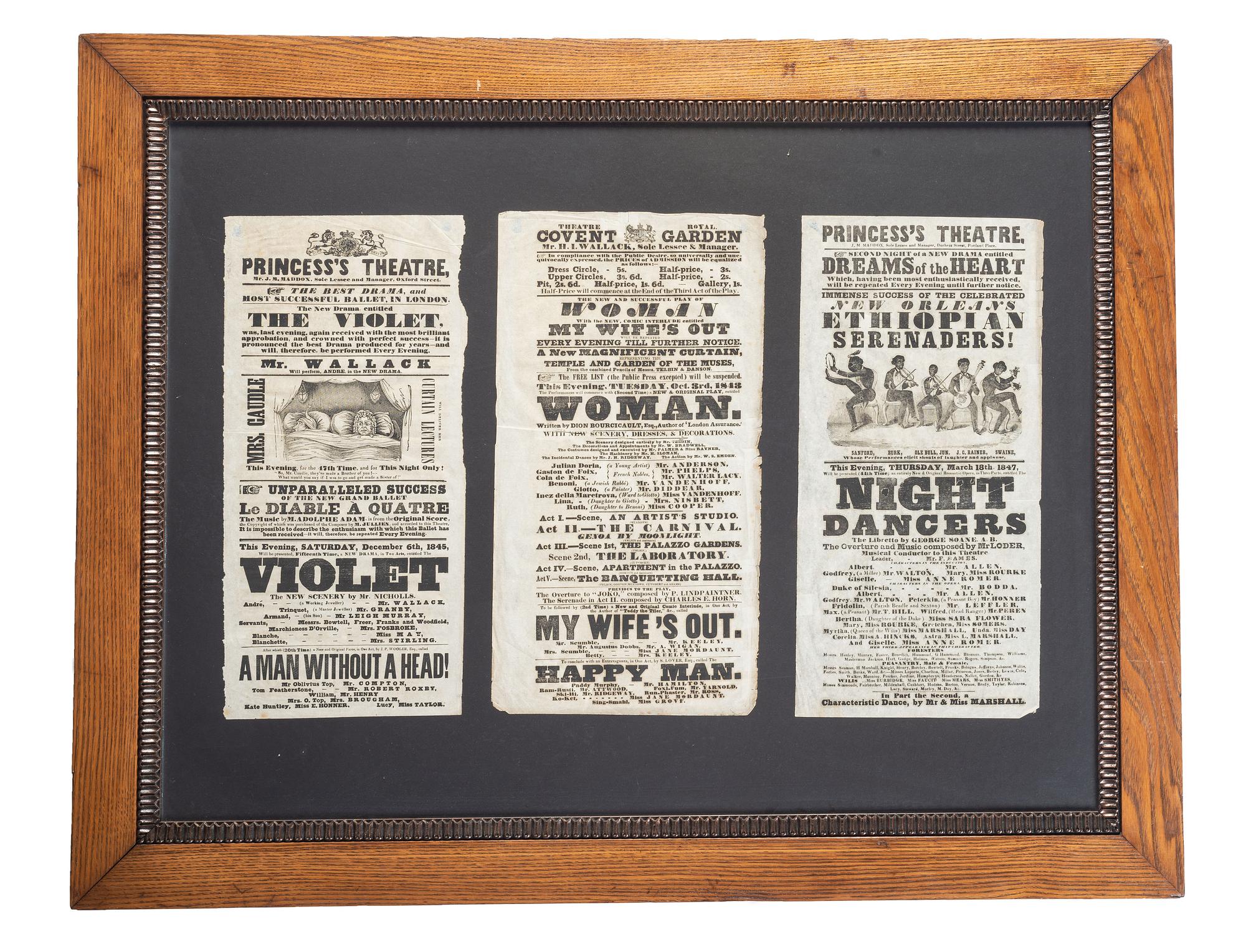 [MUSIC] -- [THEATRE]. A group of 3 theatrical broadsides promoting the New Orleans Ethiopian Serenaders, "The Violet", and "Woman."