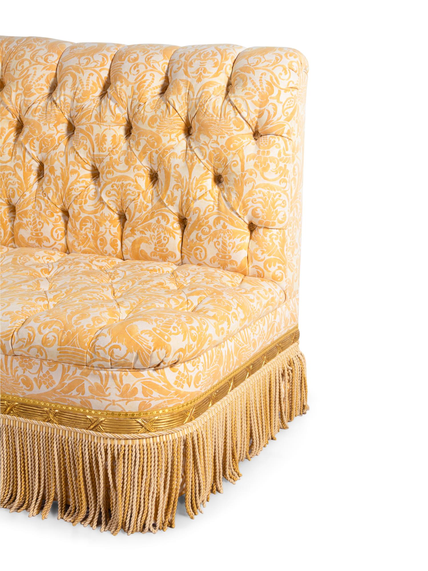 A Custom Button-Tufted Banquette with Fortuny Upholstery