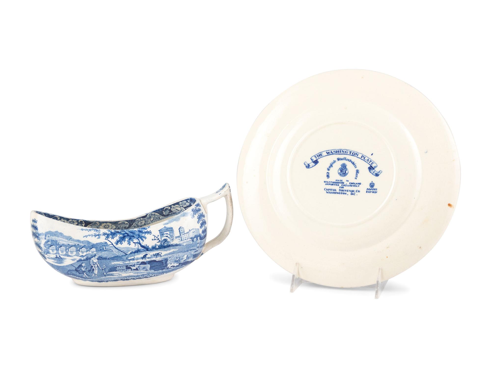 A Blue and White Transferware Sauce Boat and Plate