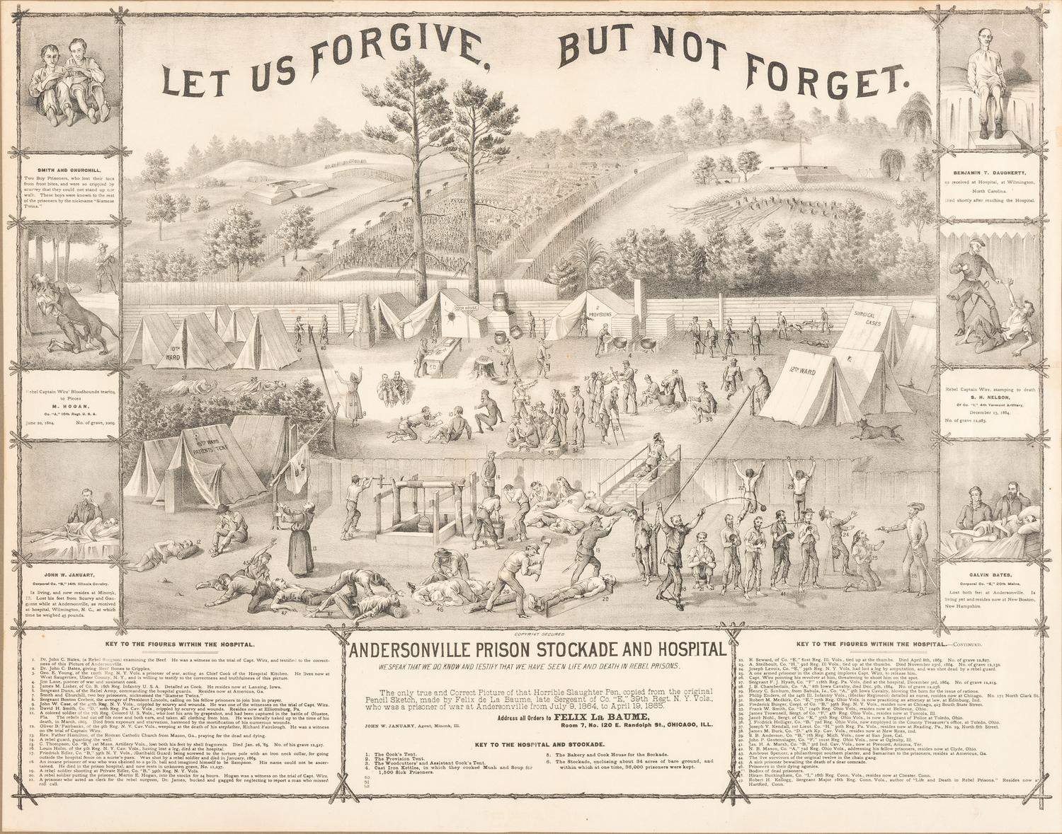 [CIVIL WAR]. 8 framed prints related to Libby Prison, Andersonville, and the trial of Henry Wirz.