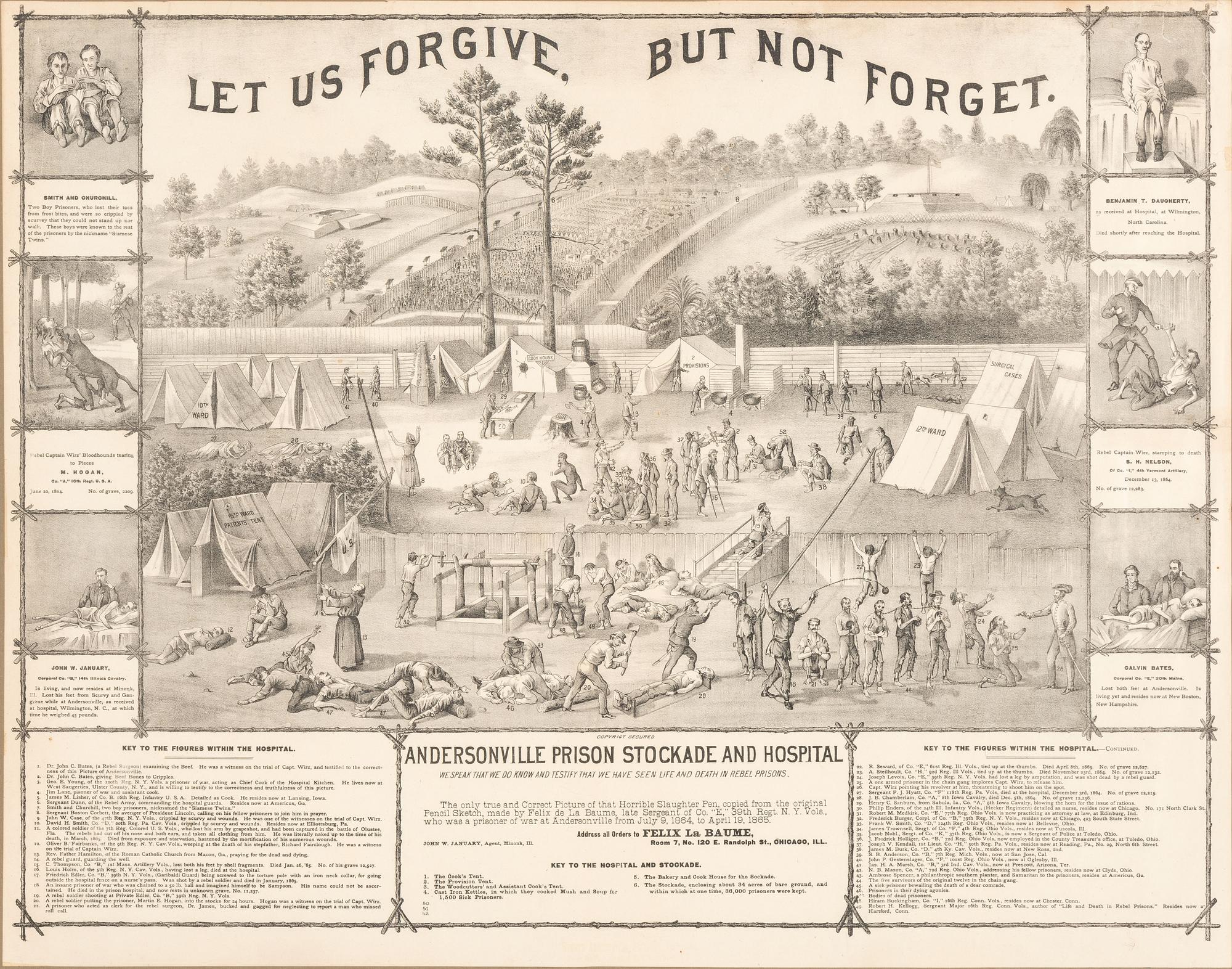 [CIVIL WAR]. 8 framed prints related to Libby Prison, Andersonville, and the trial of Henry Wirz.