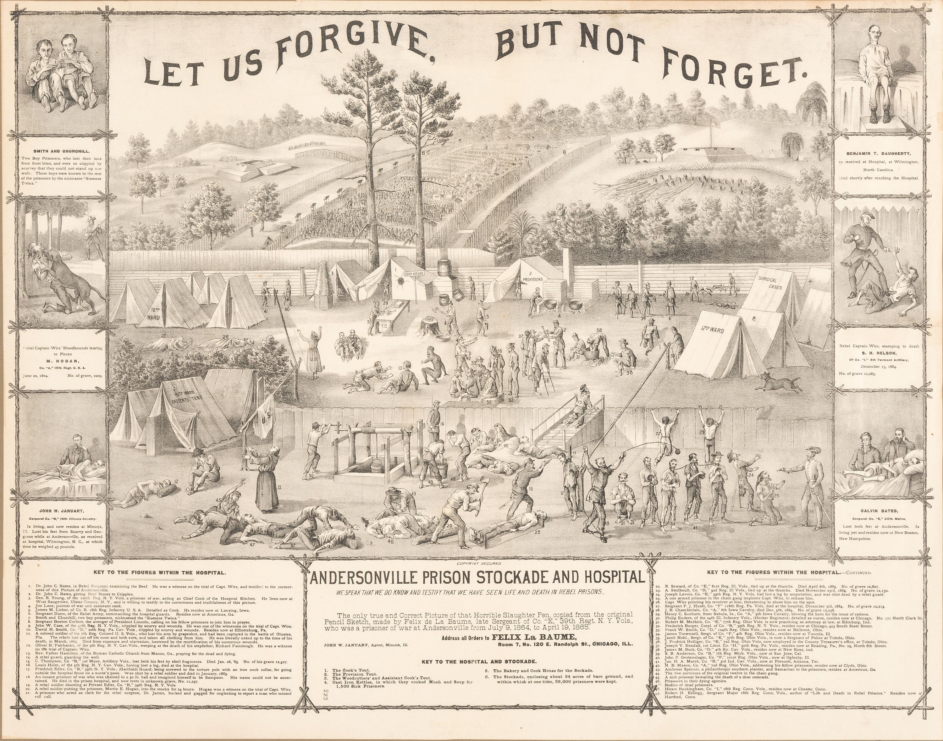 [CIVIL WAR]. 8 framed prints related to Libby Prison, Andersonville, and the trial of Henry Wirz.