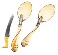 A Pair of Continental Silver and Shell Serving Spoons, 20TH CENTURY, together with a silver bladed cheese knife