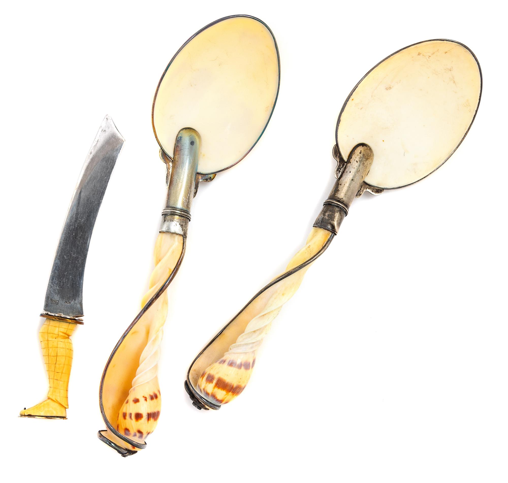 A Pair of Continental Silver and Shell Serving Spoons, 20TH CENTURY, together with a silver bladed cheese knife
