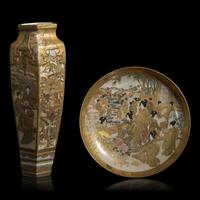 A Japanese Satsuma Type Vase and a Satsuma Dish, Meiji Period