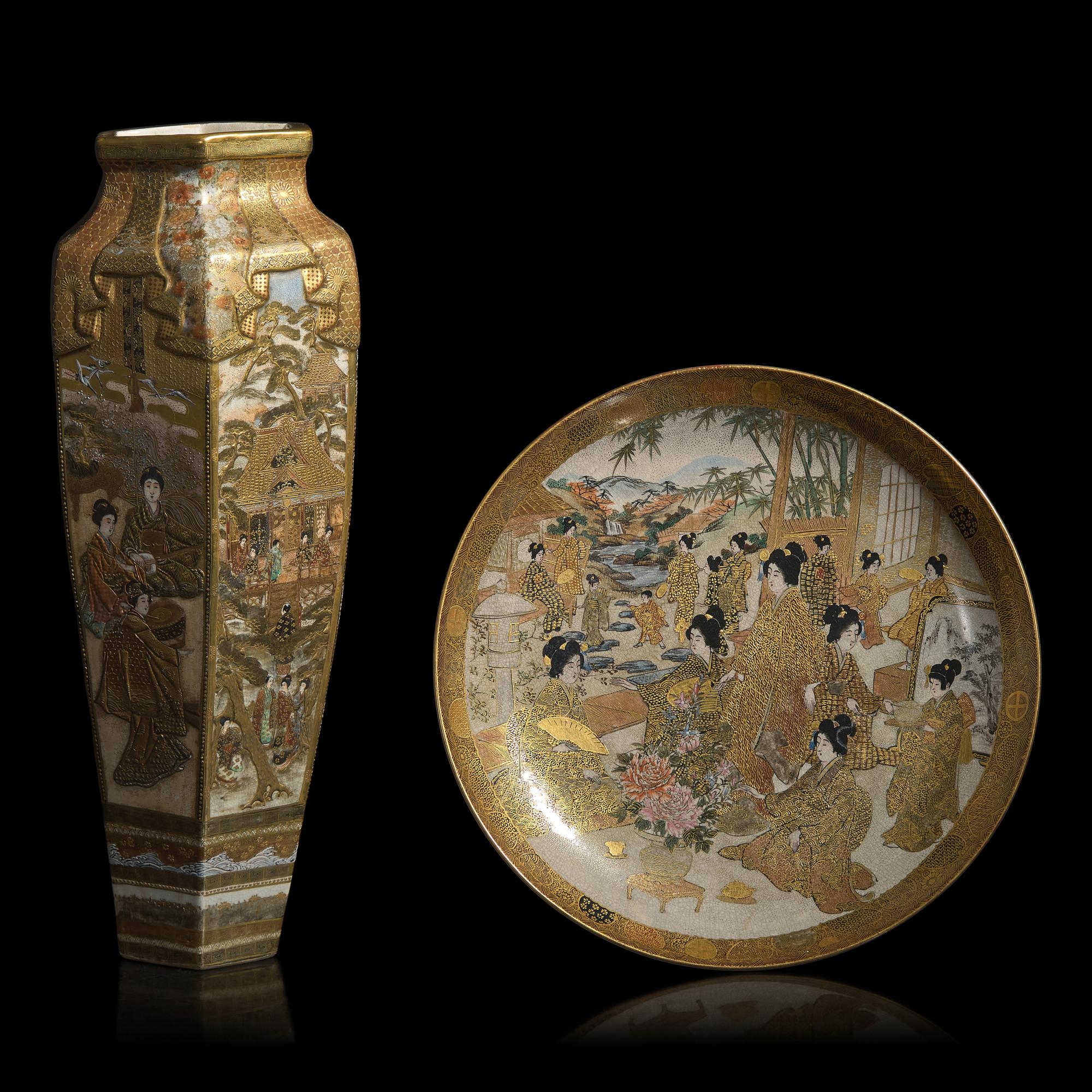 A Japanese Satsuma Type Vase and a Satsuma Dish, Meiji Period