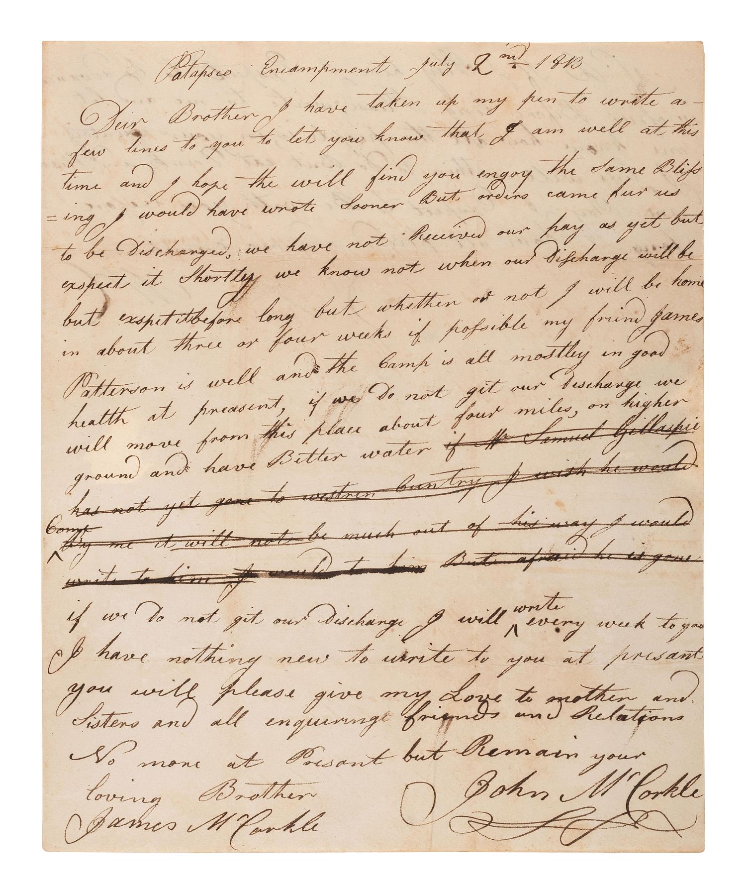 [WHISKEY REBELLION]. Letter from Pennsylvania militiaman William McCorkle describing "insurgents" in western Pennsylvania. "Headquarters Carlisle [PA]. November 12 1794."