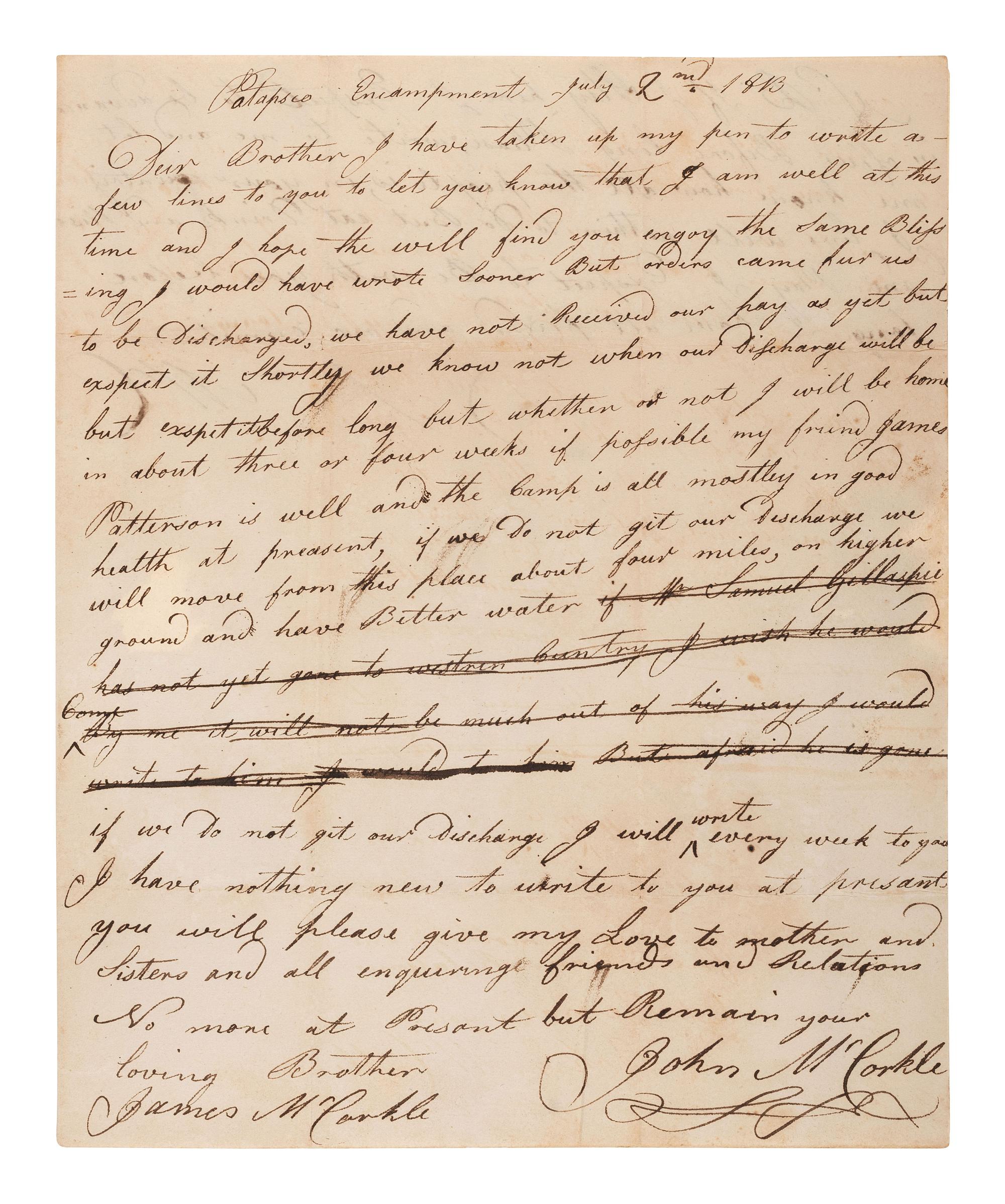 [WHISKEY REBELLION]. Letter from Pennsylvania militiaman William McCorkle describing "insurgents" in western Pennsylvania. "Headquarters Carlisle [PA]. November 12 1794."