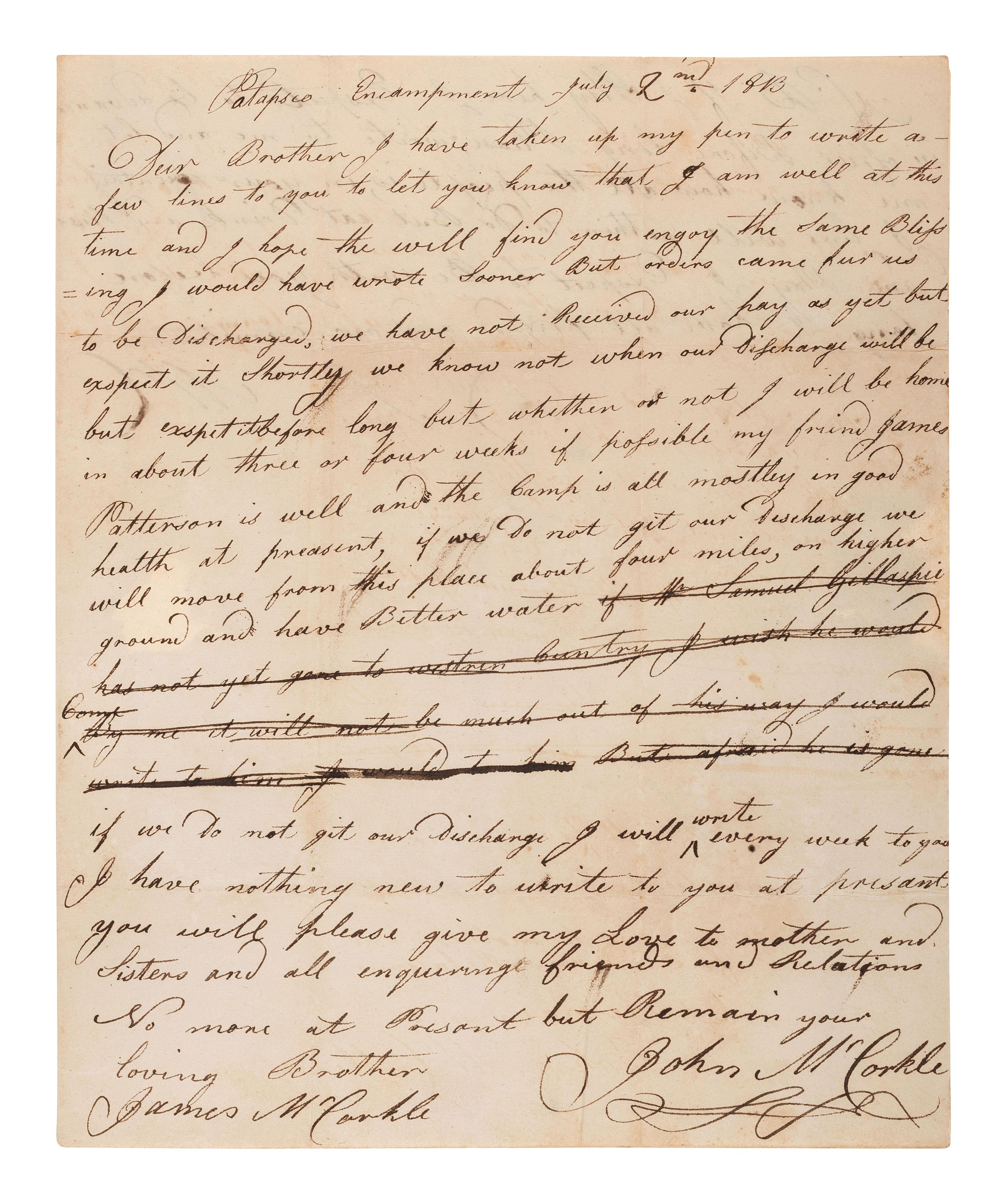 [WHISKEY REBELLION]. Letter from Pennsylvania militiaman William McCorkle describing "insurgents" in western Pennsylvania. "Headquarters Carlisle [PA]. November 12 1794."