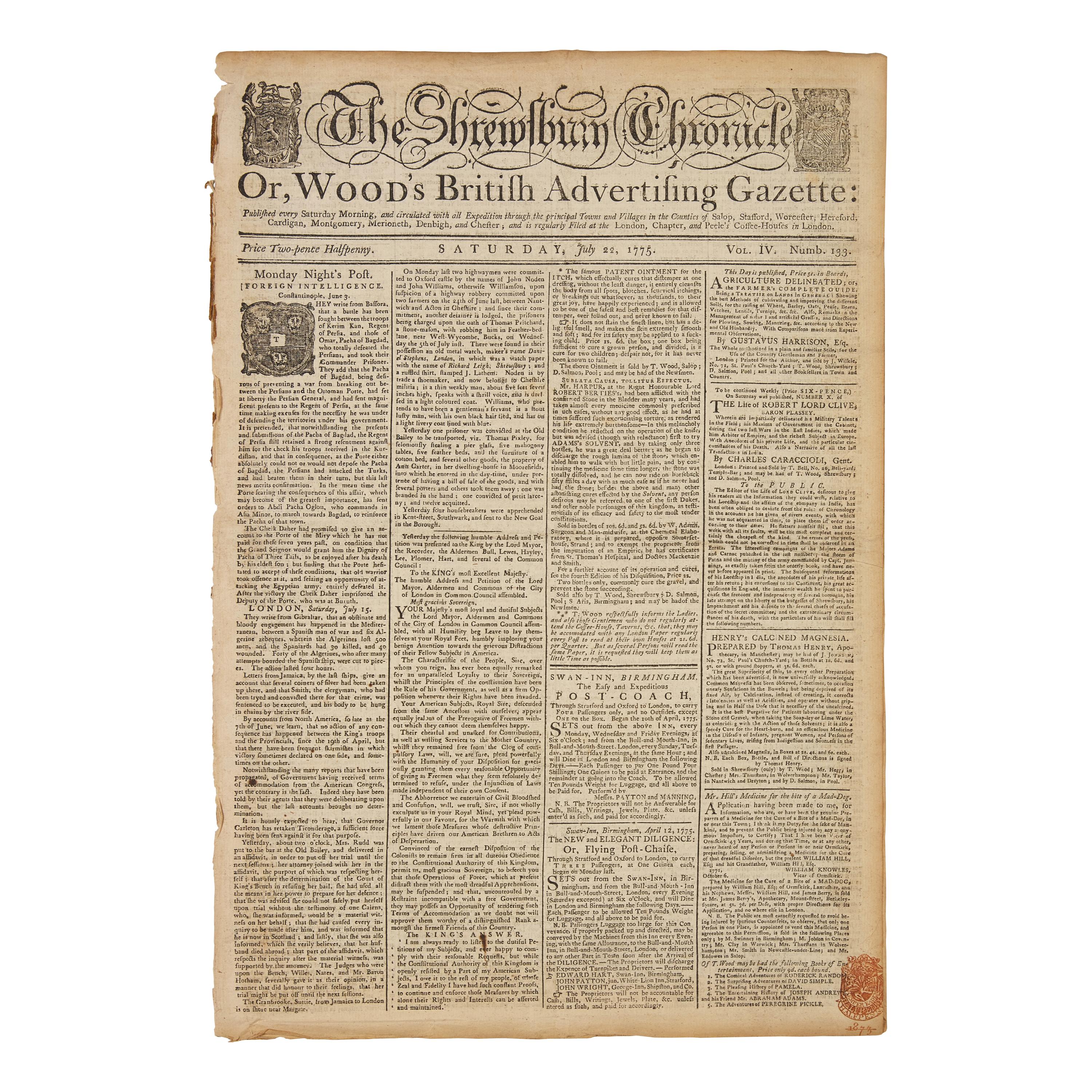 [American Revolution] English Printing of General Gage's Amnesty Proclamation of 1775, Plus Numerous Articles Pertaining to the Increasing Hostilities in America