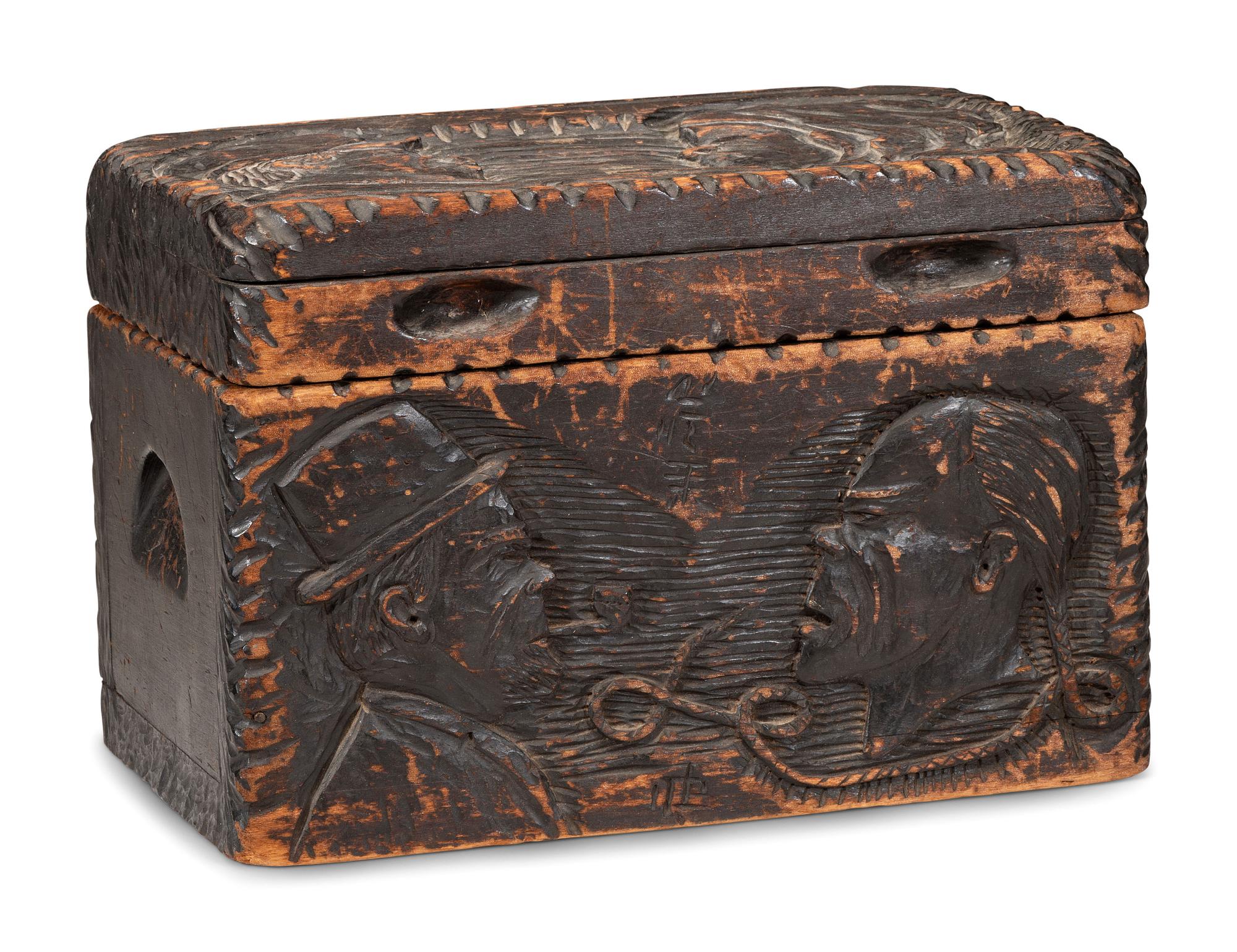 A Folk Art Carved and Stained Pine Tea or Tobacco Storage Box