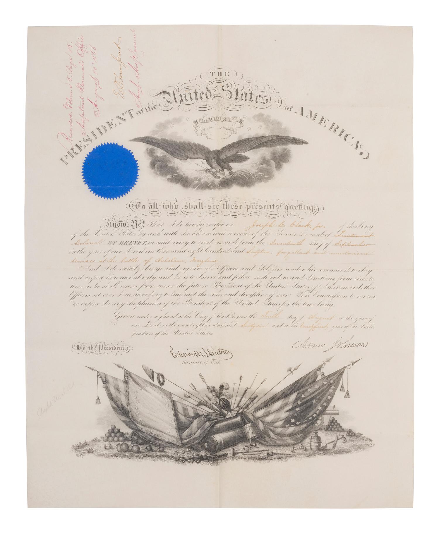 [WESTERN AMERICANA -- CIVIL WAR -- LINCOLN]. Papers of Captain Joseph Claypoole Clark, 4th US Light Artillery, Battery E, WIA Antietam, including frontier and Civil War correspondence, photography, and appointment signed by Lincoln as President.