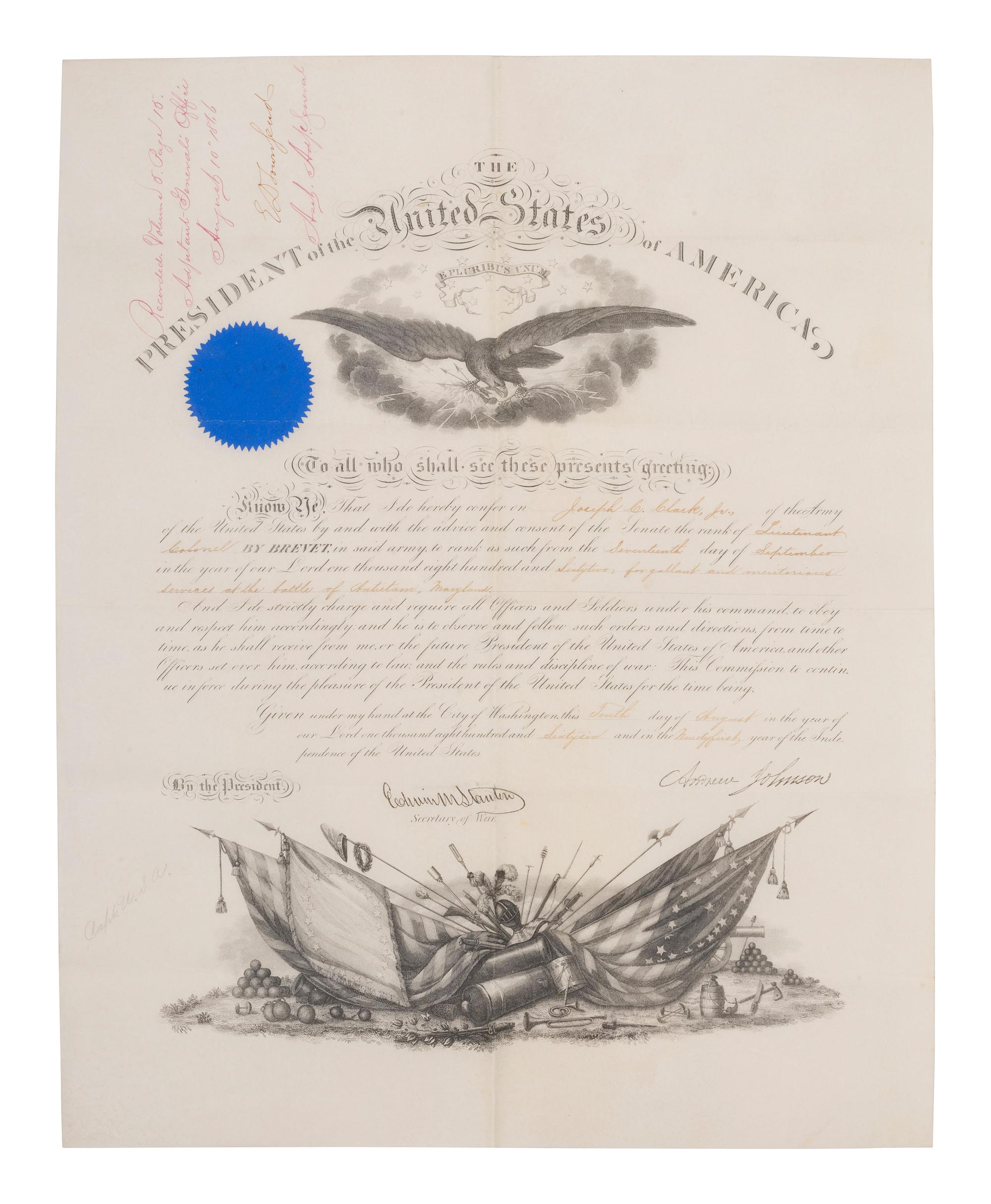 [WESTERN AMERICANA -- CIVIL WAR -- LINCOLN]. Papers of Captain Joseph Claypoole Clark, 4th US Light Artillery, Battery E, WIA Antietam, including frontier and Civil War correspondence, photography, and appointment signed by Lincoln as President.