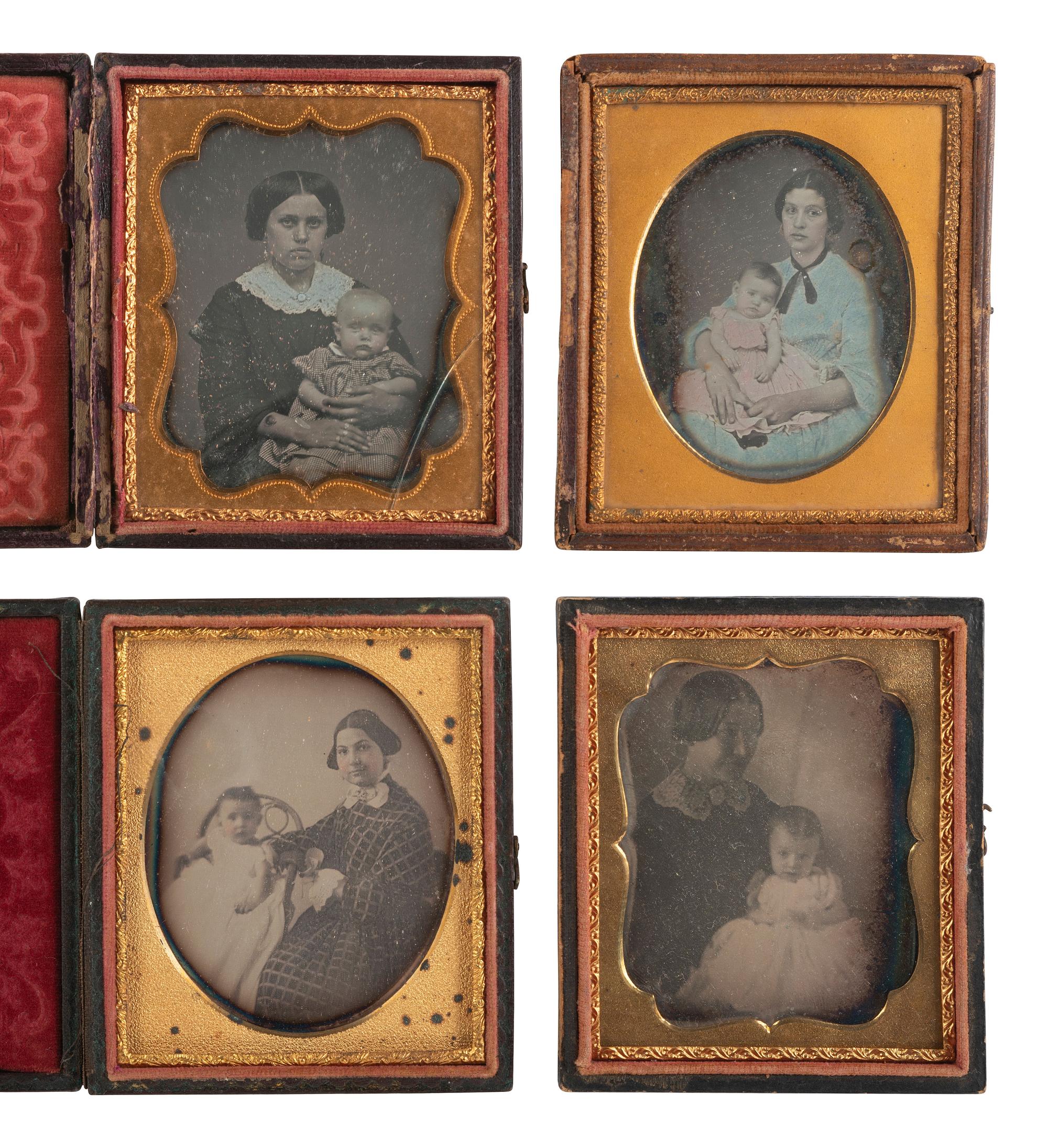 [EARLY PHOTOGRAPHY]. 14 sixth plate daguerreotypes of women with babies.