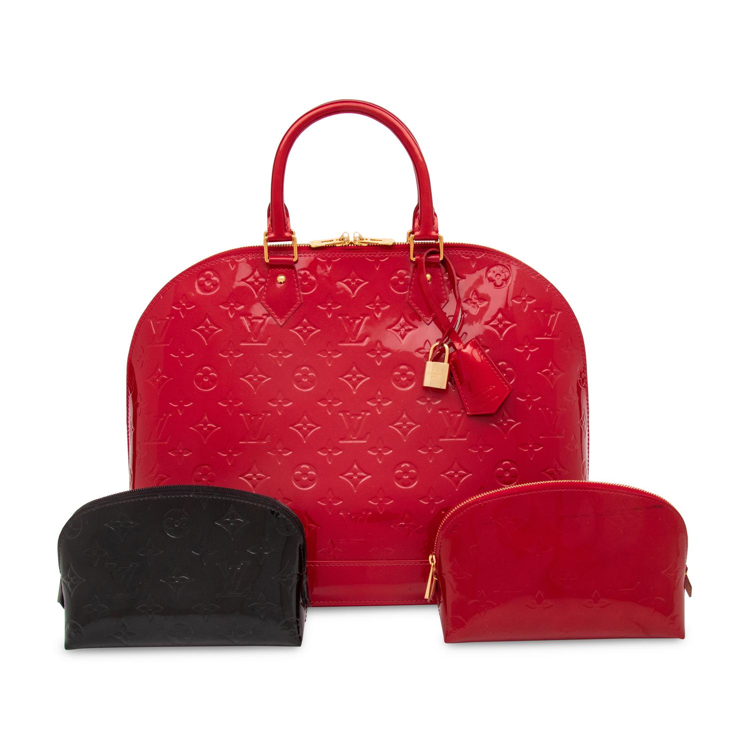 Louis Vuitton, Red Patent Large Alma Handbag & Two Patent Zipper Pouches