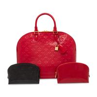 Louis Vuitton, Red Patent Large Alma Handbag & Two Patent Zipper Pouches