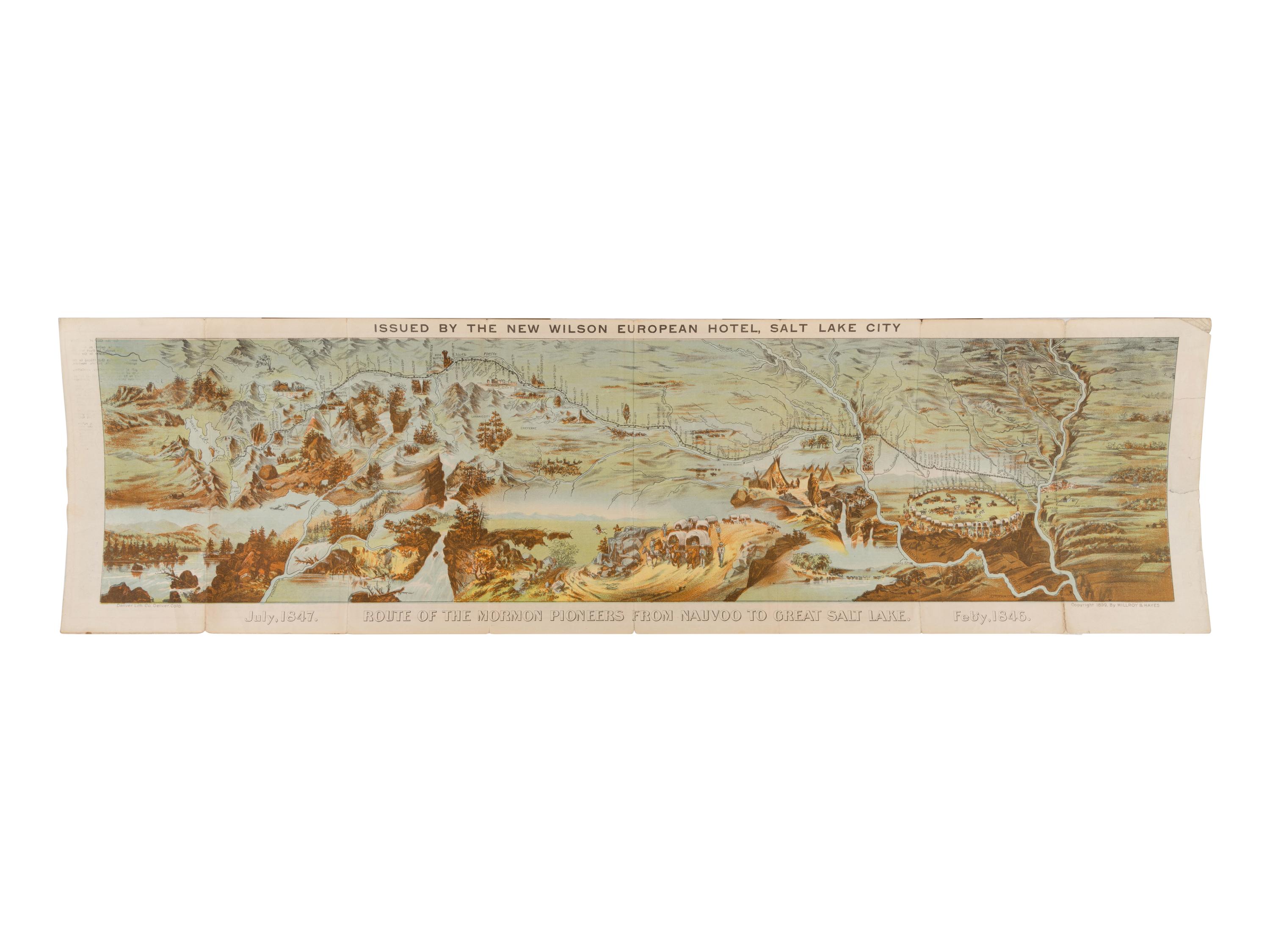 [MORMONS]. MILLROY & HAYES (fl. 1899). Route of the Mormon Pioneers from Nauvoo to Great Salt Lake, 1846-1847 . Denver: Milroy and Hayes for Denver Lithographing Company, ca 1899-1903.