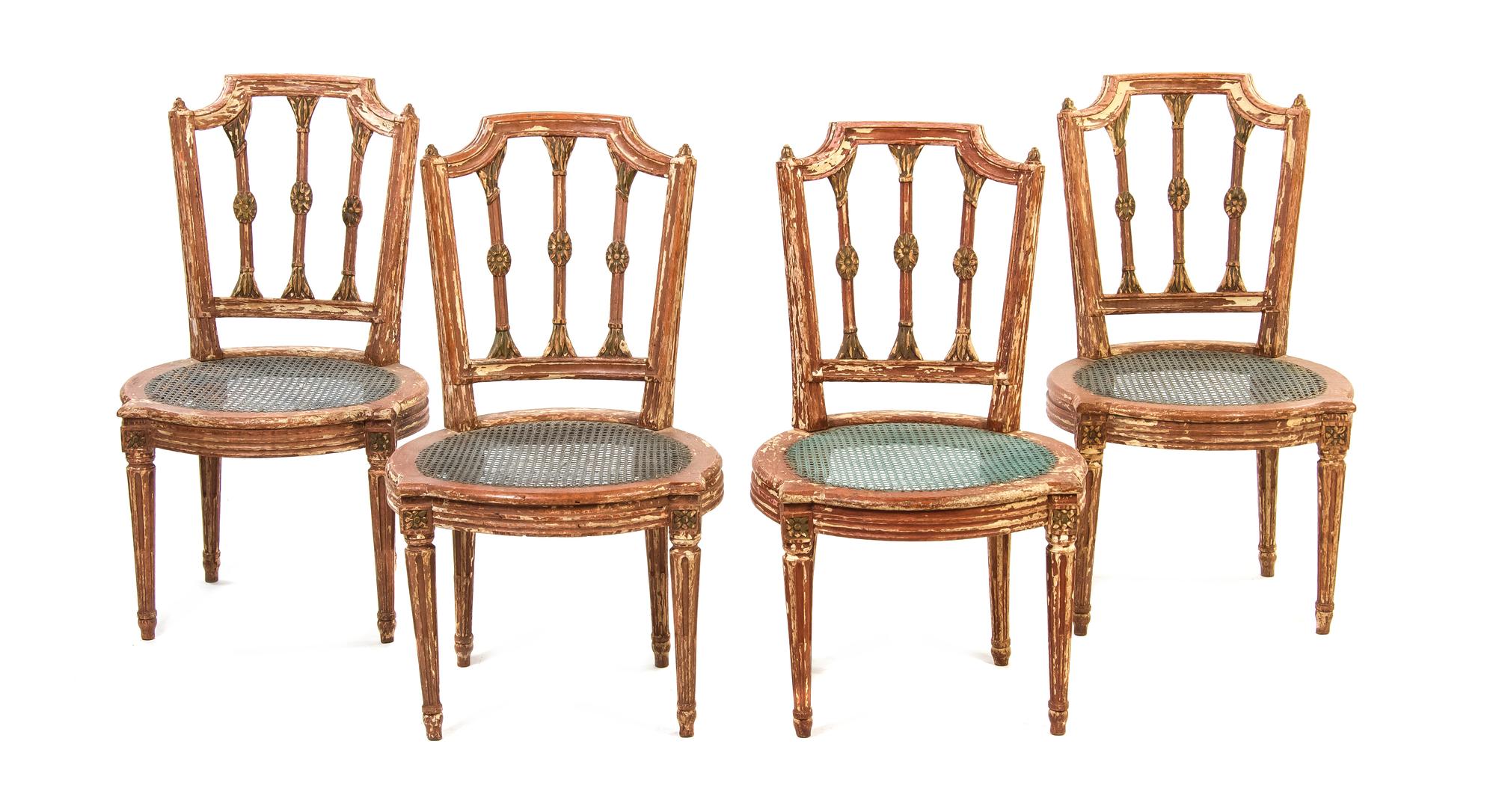 A Set of Four Louis XVI Style Painted Side Chairs, Height 34 1/4 inches.