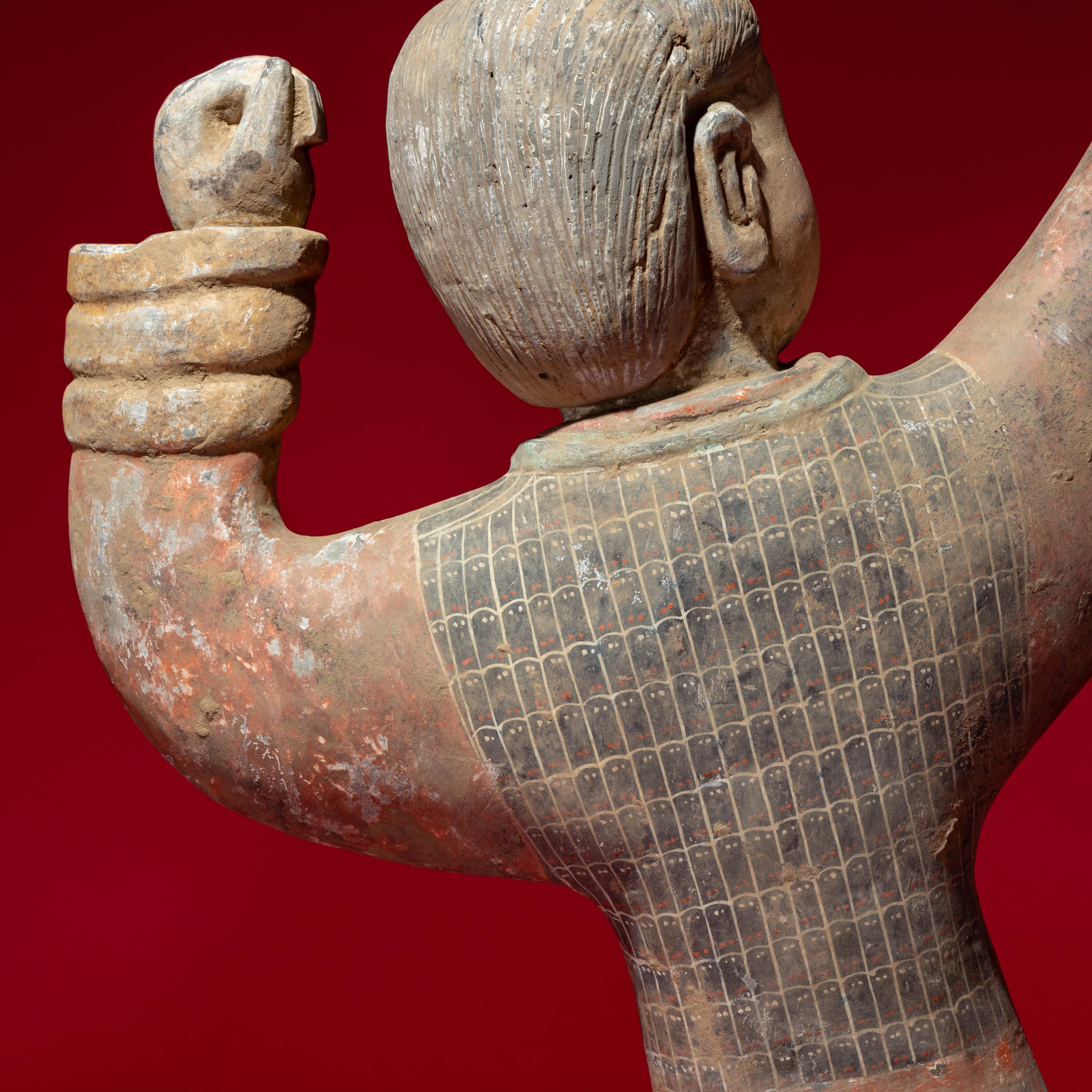 A Large Pair of Chinese Painted Pottery Archers, Western Han Dynasty — 西漢 彩繪射姿立俑一對