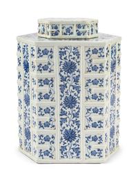 A Large Chinese Blue and White Hexagonal Porcelain Jar and Cover