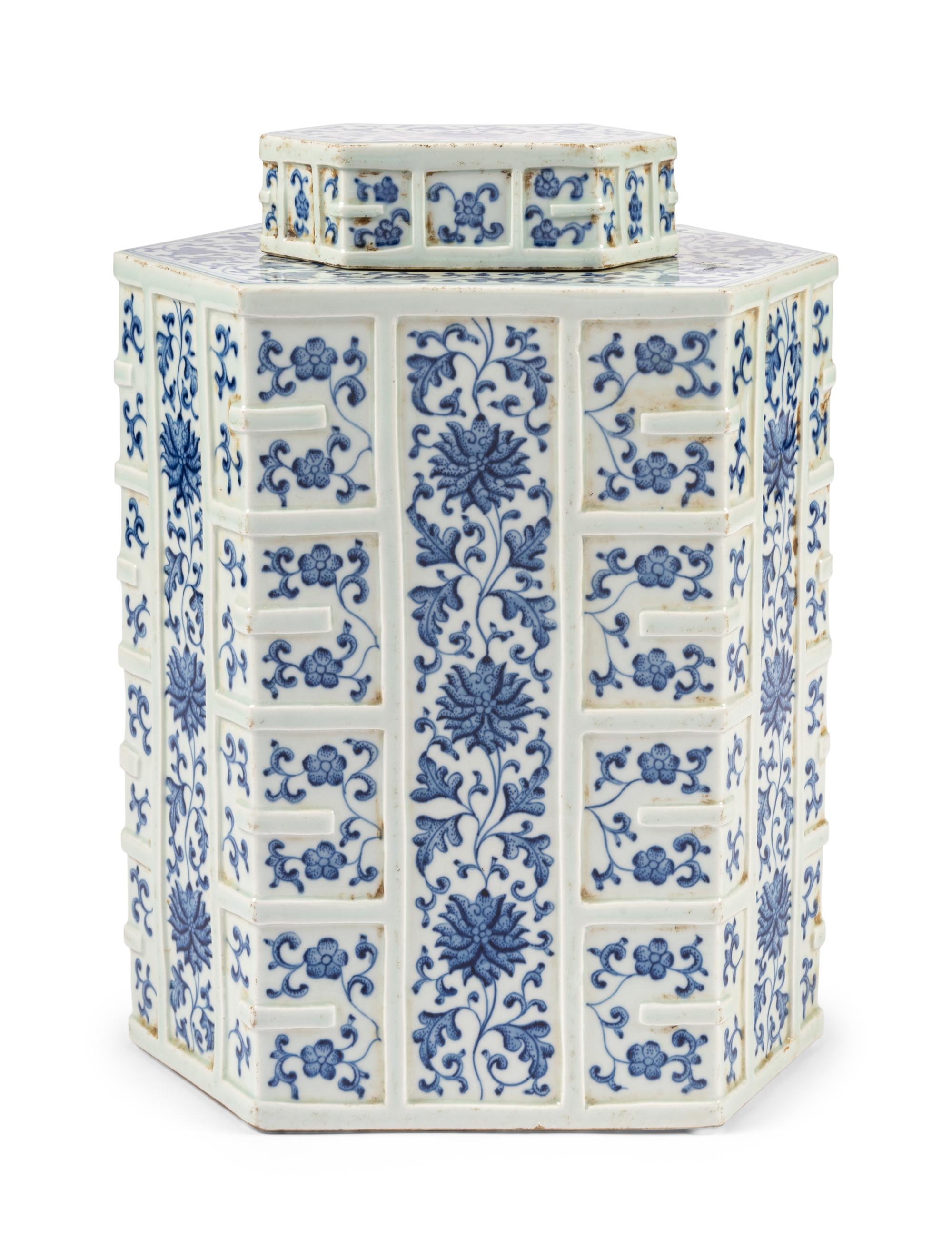 A Large Chinese Blue and White Hexagonal Porcelain Jar and Cover