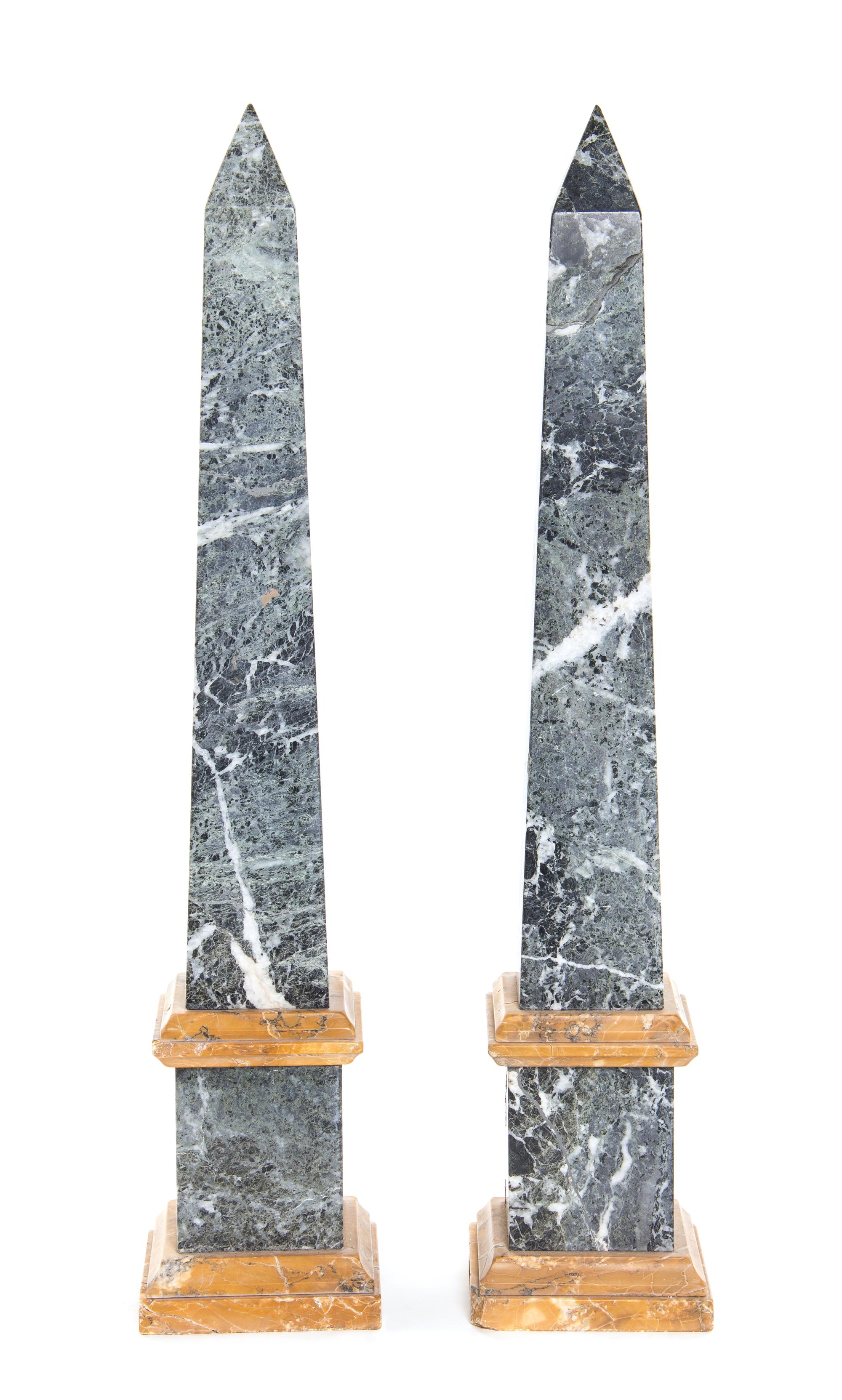 A Pair of Continental Gray and Beige Marble Obelisks, Height 27 1/2 inches.