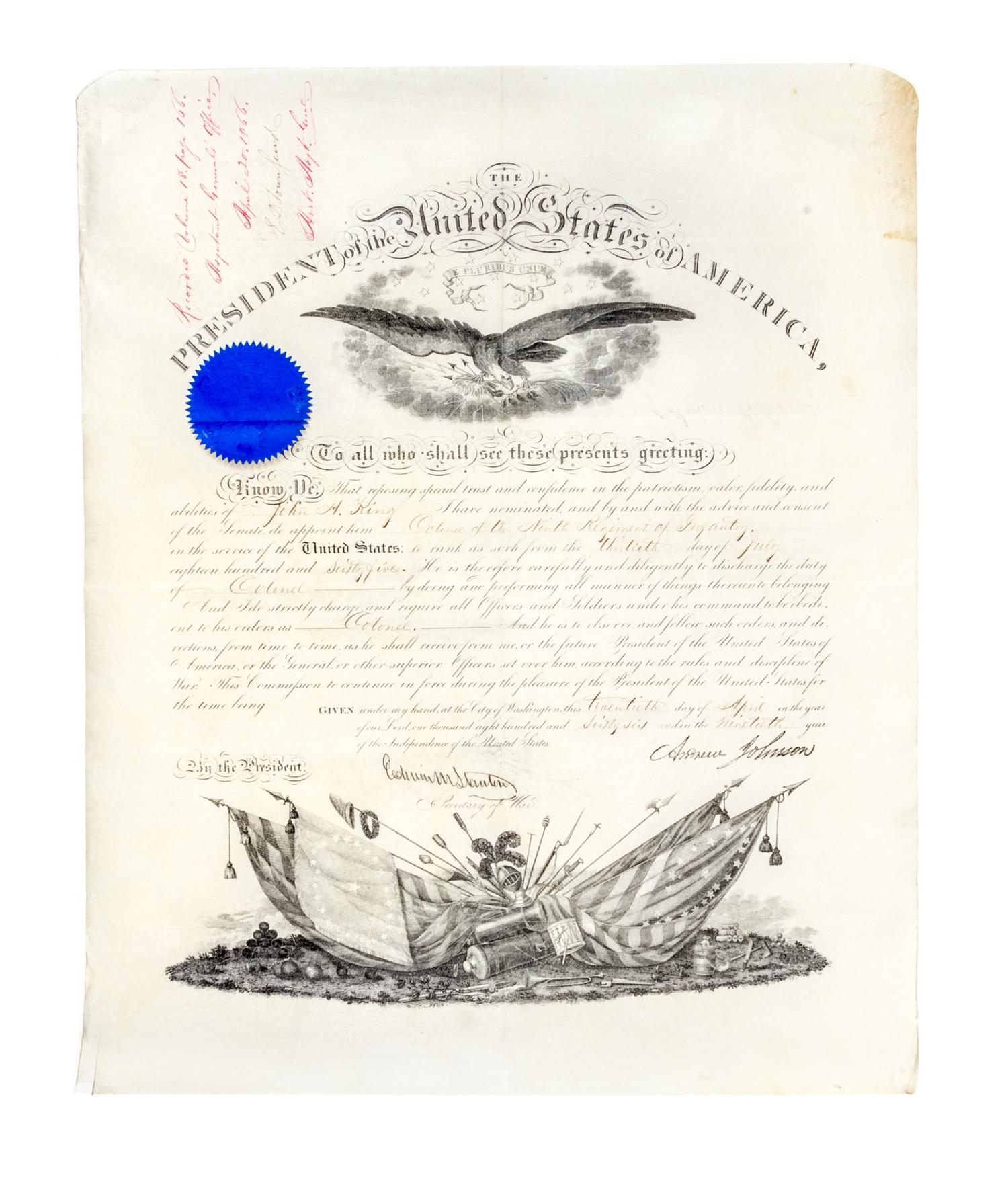 JOHNSON, ANDREW. Document signed, Washington, April 20, 1866. Appointment. Countersigned by Stanton.