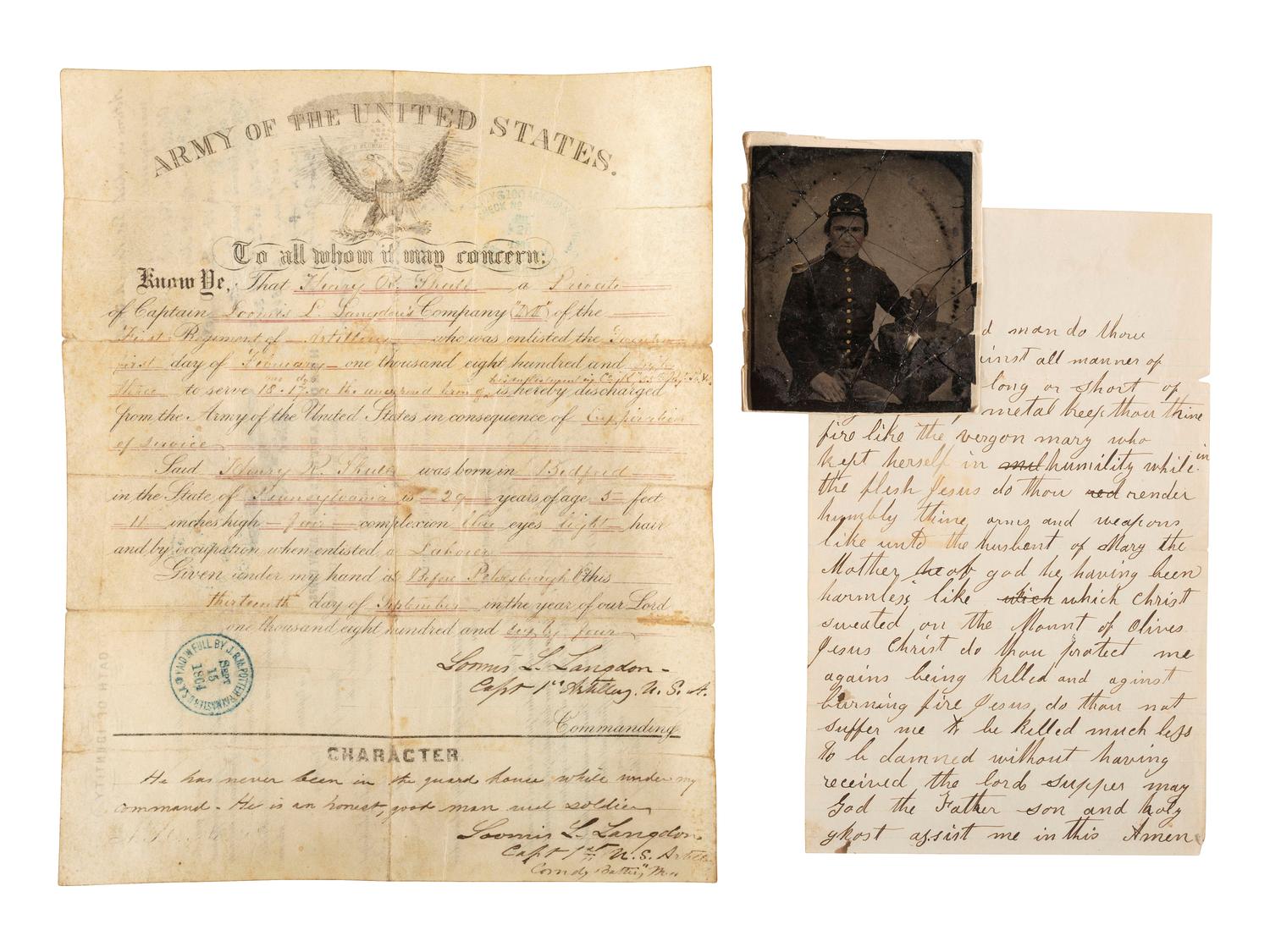 [CIVIL WAR]. Archive related to Henry R. Shull, 1st US Light Artillery, including ambrotype, Book of Psalms, and discharge document.